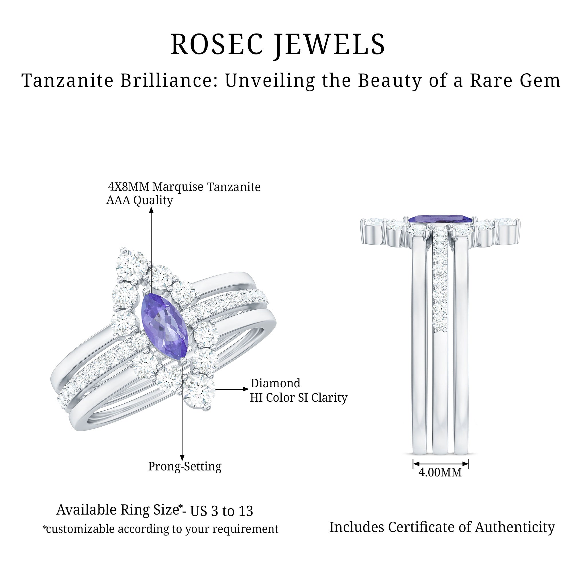 Rosec Jewels-Marquise Cut Tanzanite Solitaire Ring Set with Diamond