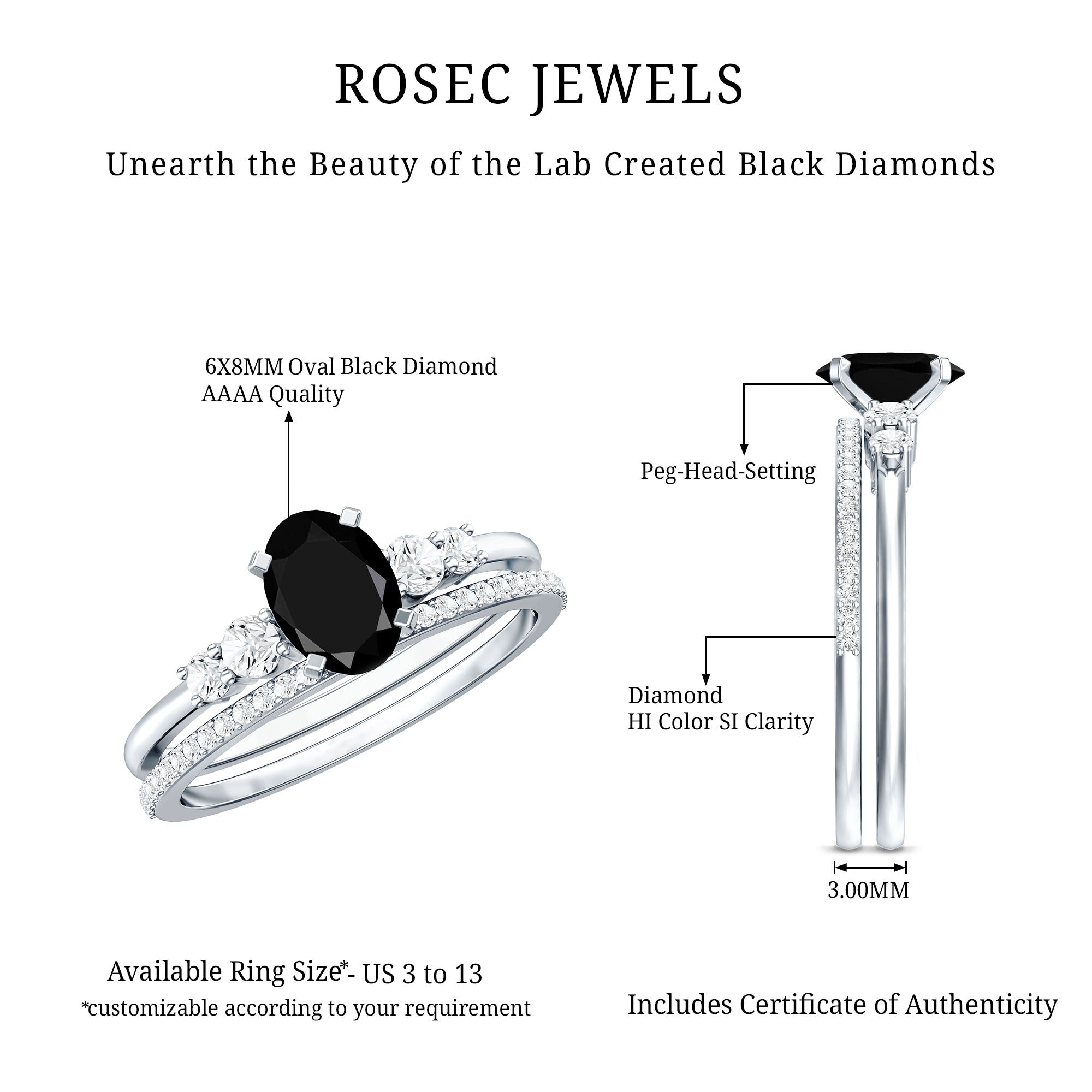 Certified Oval Lab Grown Black and White Diamond Wedding Engagement Ring Set AAAA ( Synthetic ) - Rosec Jewels