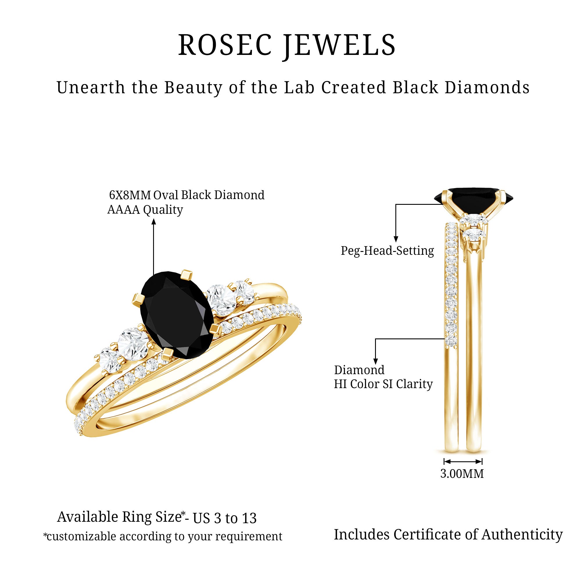 Certified Oval Lab Grown Black and White Diamond Wedding Engagement Ring Set AAAA ( Synthetic ) - Rosec Jewels