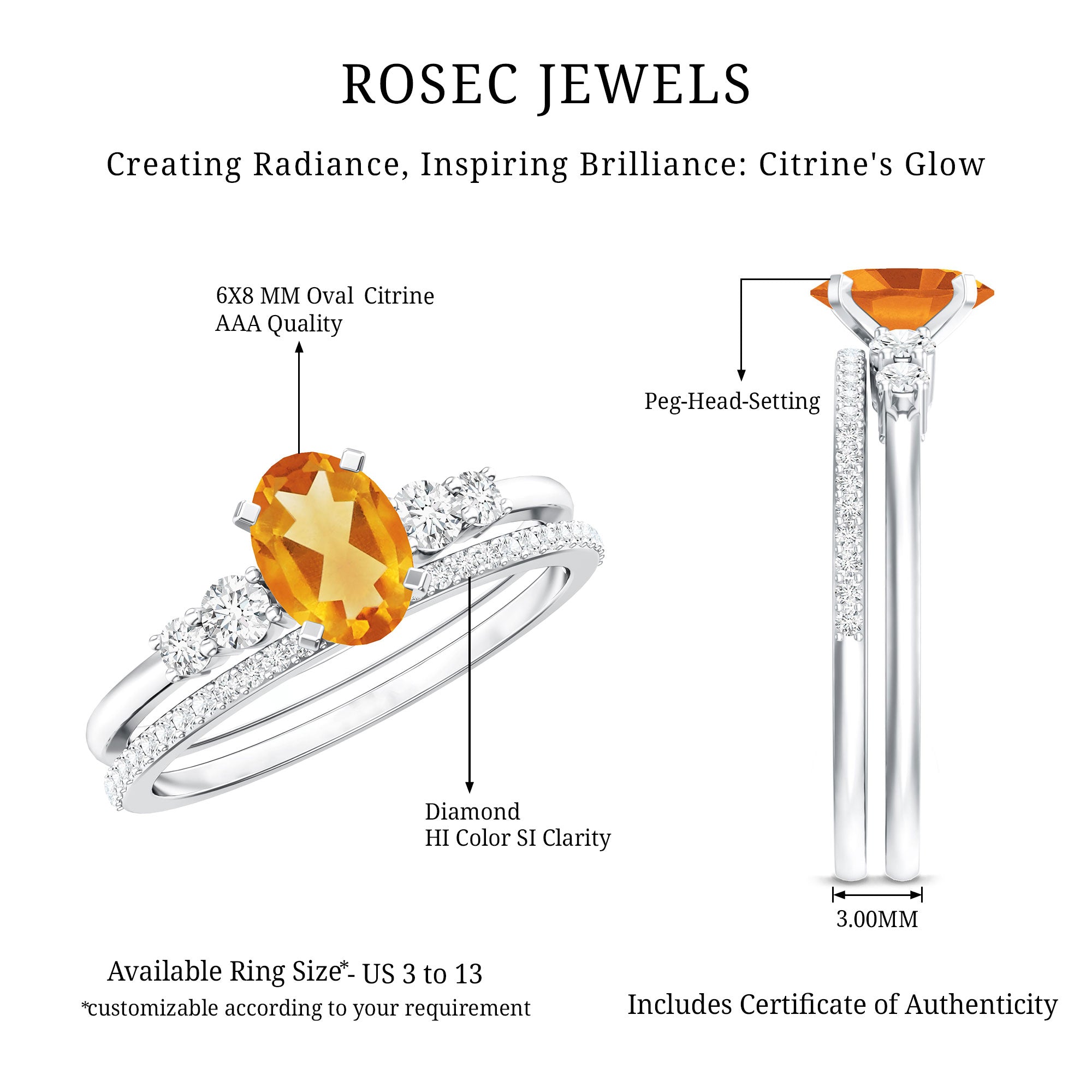 Natural Oval Citrine Diamond Wedding Bridal Ring Set of 2 AAA - Rosec Jewels