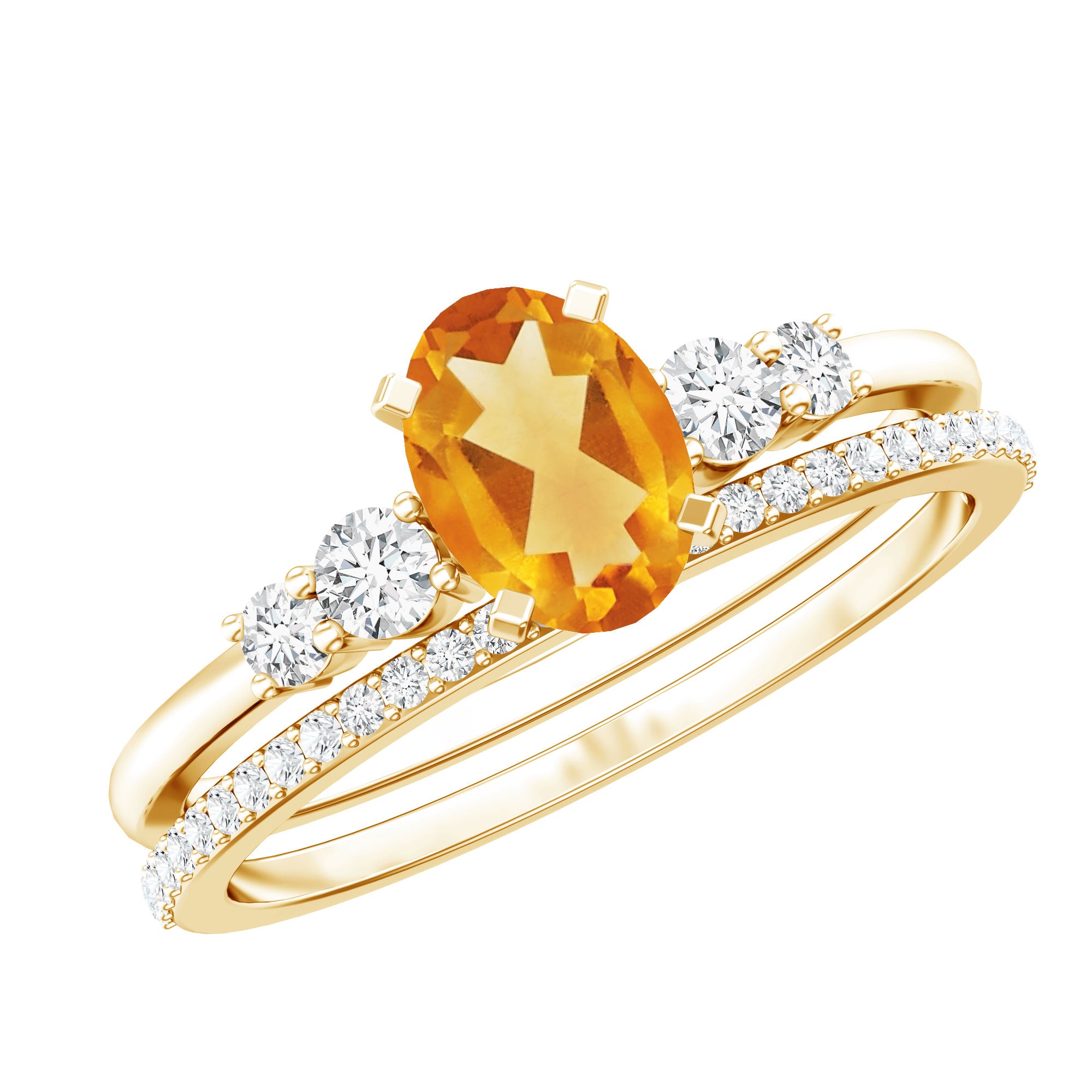Natural Oval Citrine Diamond Wedding Bridal Ring Set of 2 AAA - Rosec Jewels