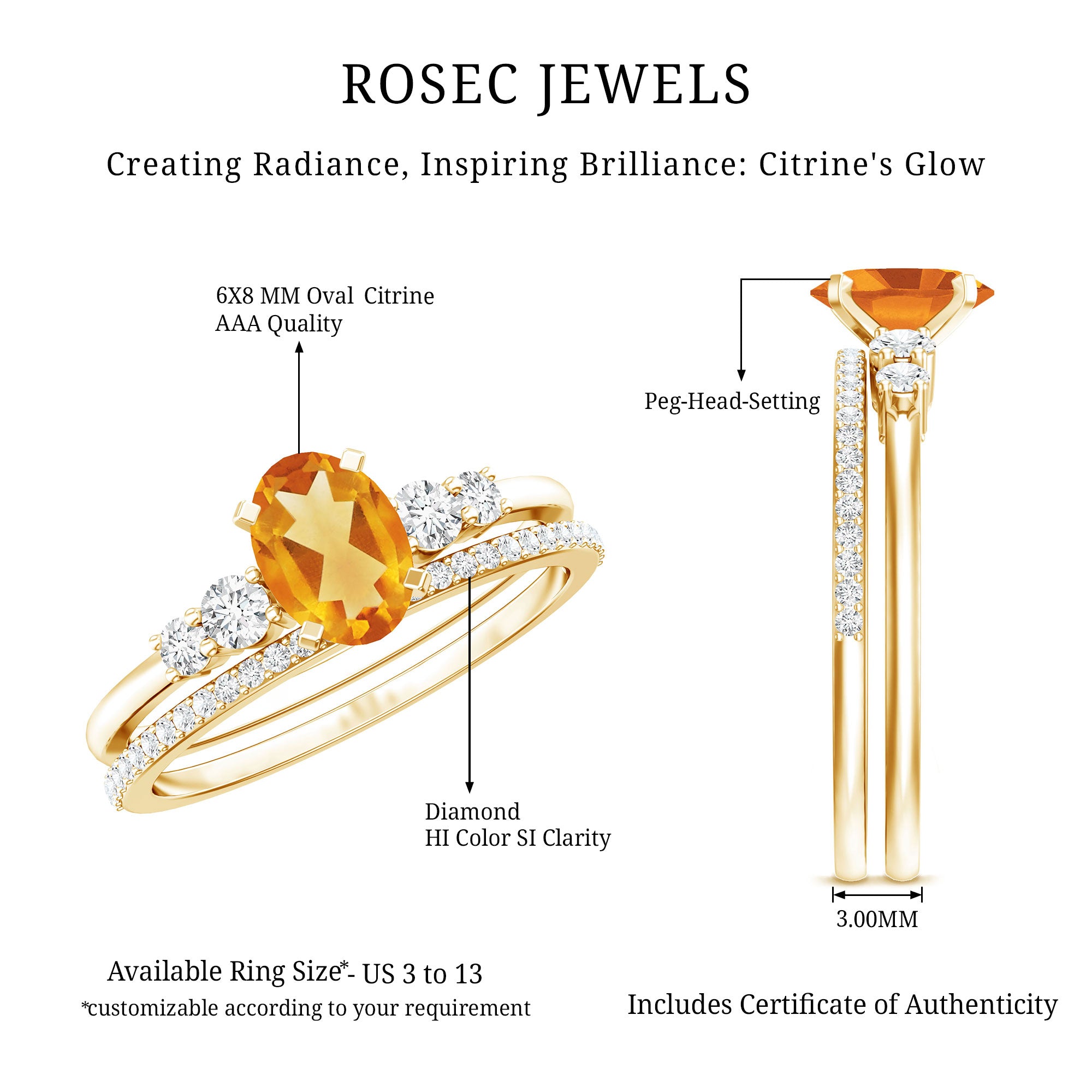 Natural Oval Citrine Diamond Wedding Bridal Ring Set of 2 AAA - Rosec Jewels