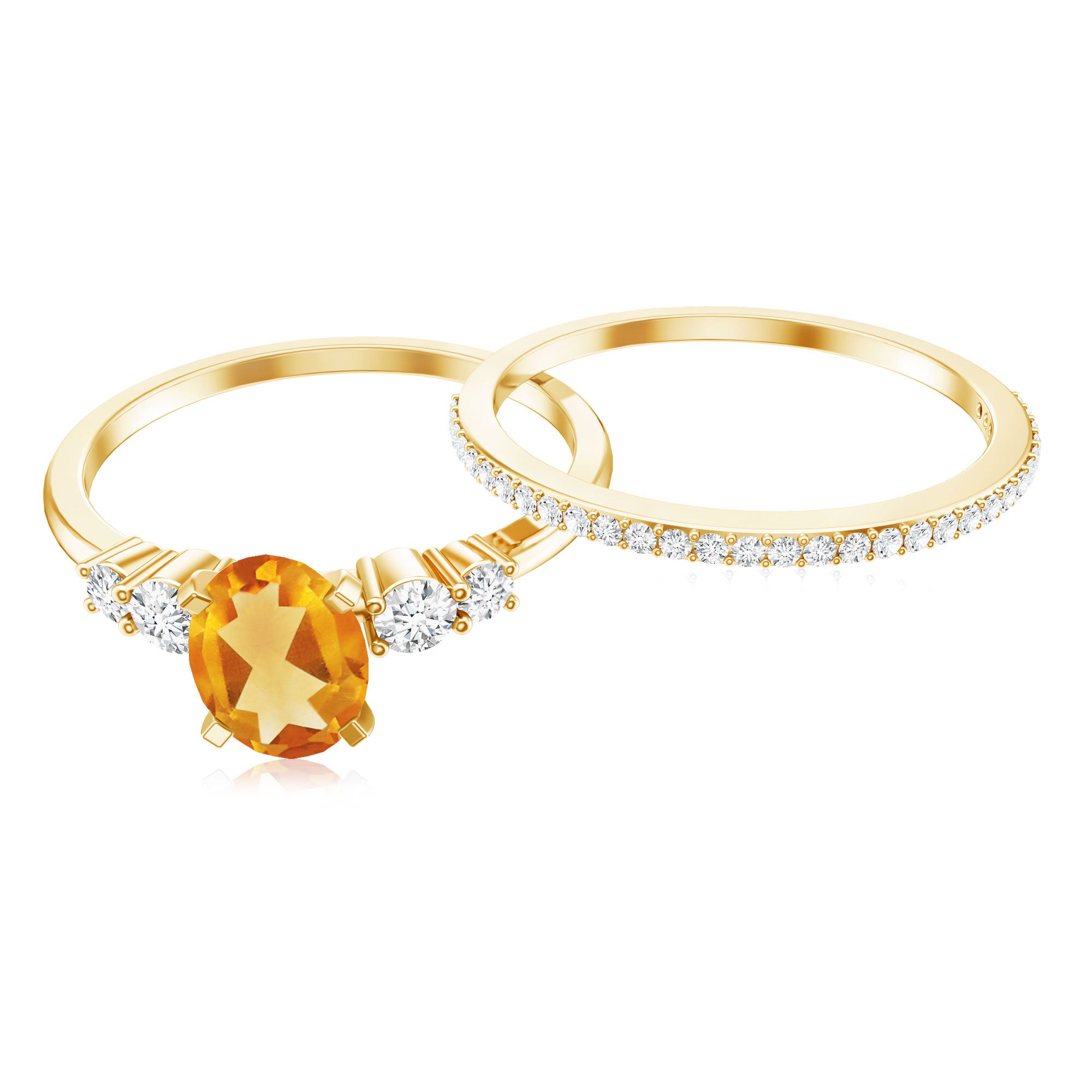 Natural Oval Citrine Diamond Wedding Bridal Ring Set of 2 AAA - Rosec Jewels
