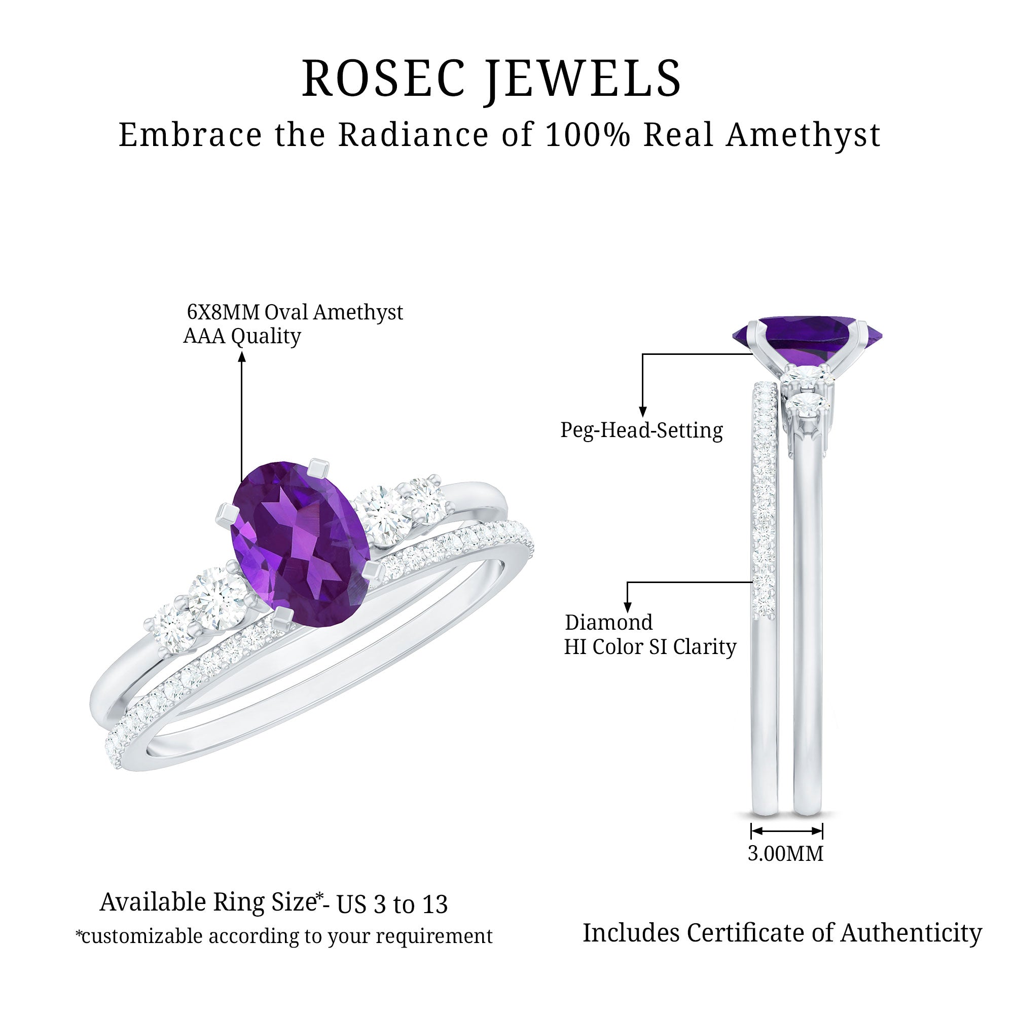 1 Carat Amethyst Diamond Oval Engagement Ring with Wedding Band AAA - Rosec Jewels