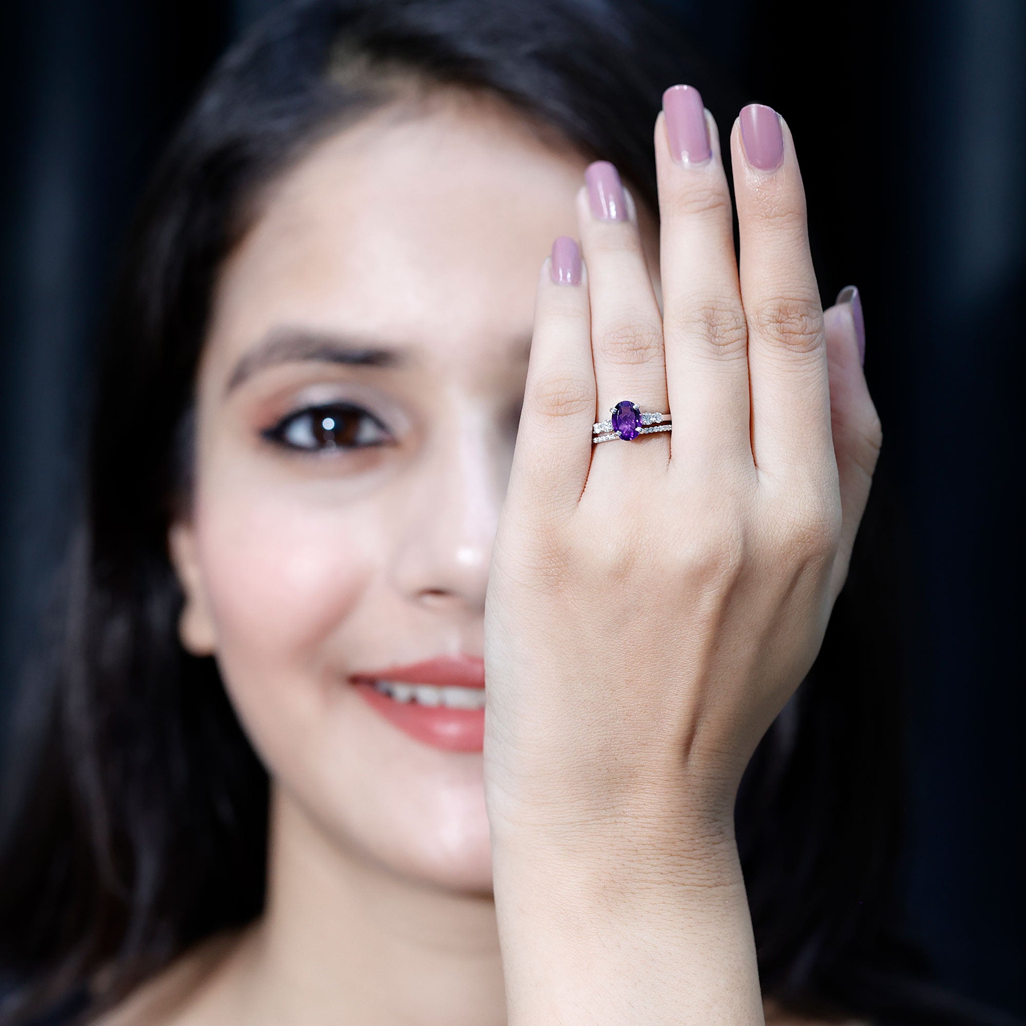 1 Carat Amethyst Diamond Oval Engagement Ring with Wedding Band AAA - Rosec Jewels