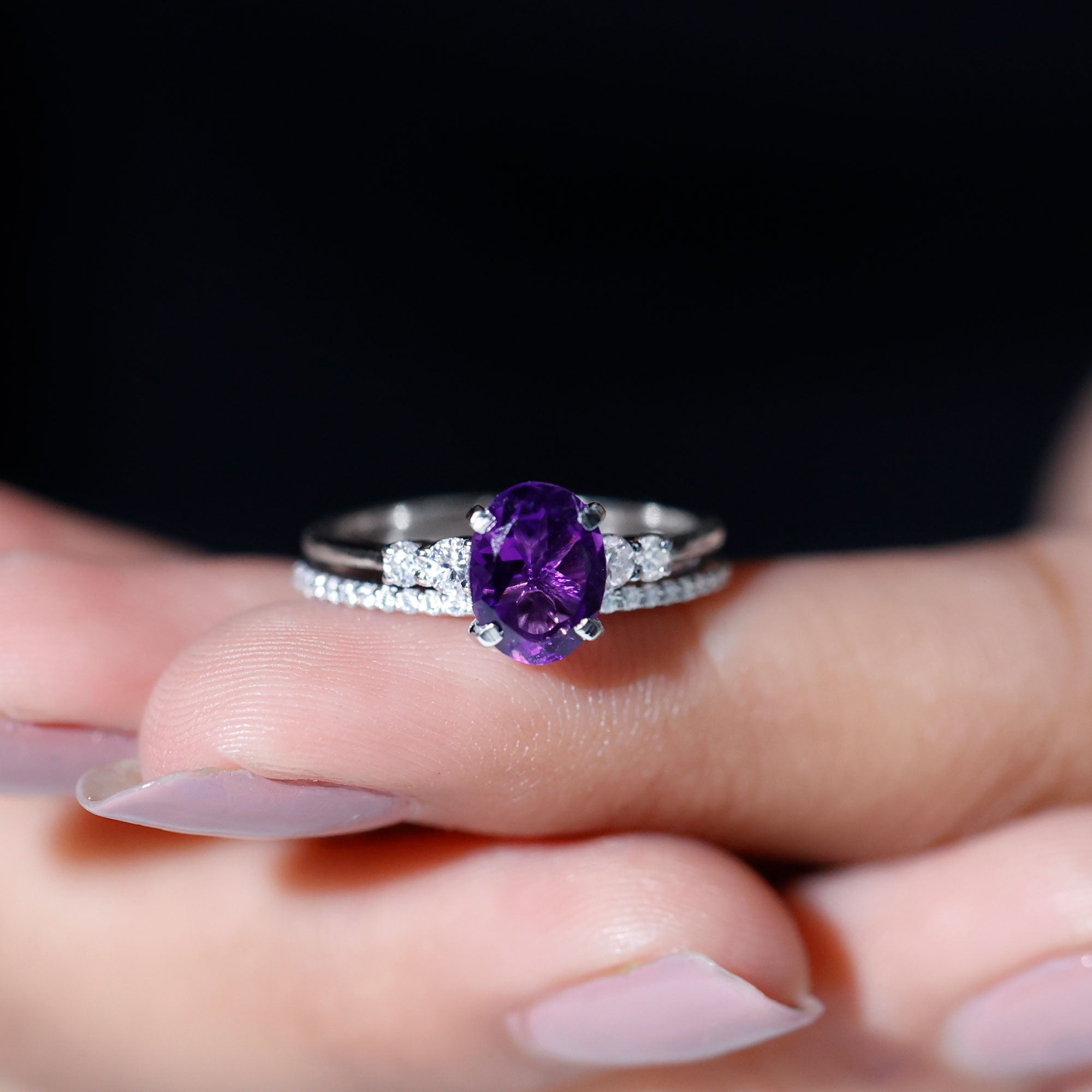 1 Carat Amethyst Diamond Oval Engagement Ring with Wedding Band AAA - Rosec Jewels