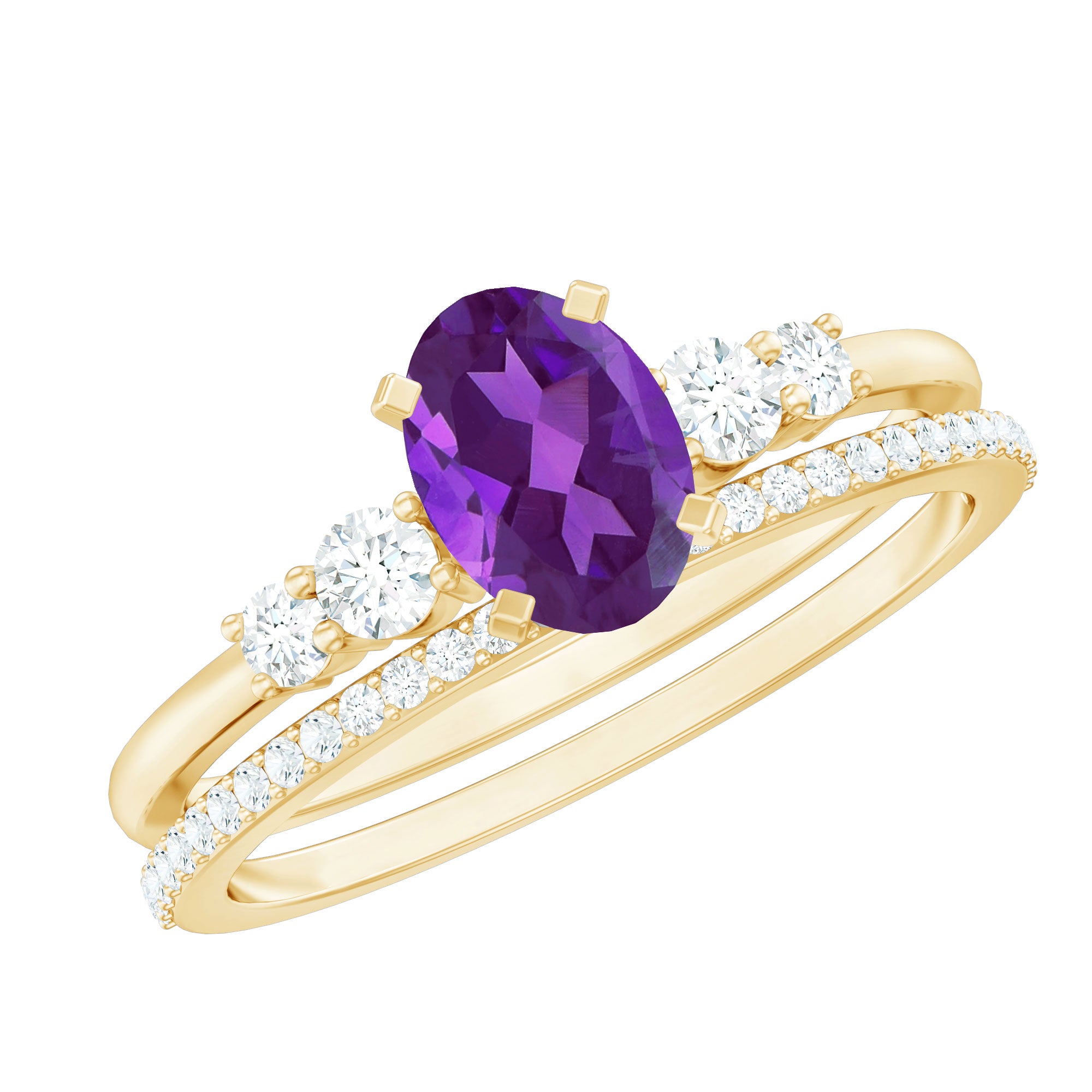 1 Carat Amethyst Diamond Oval Engagement Ring with Wedding Band AAA - Rosec Jewels