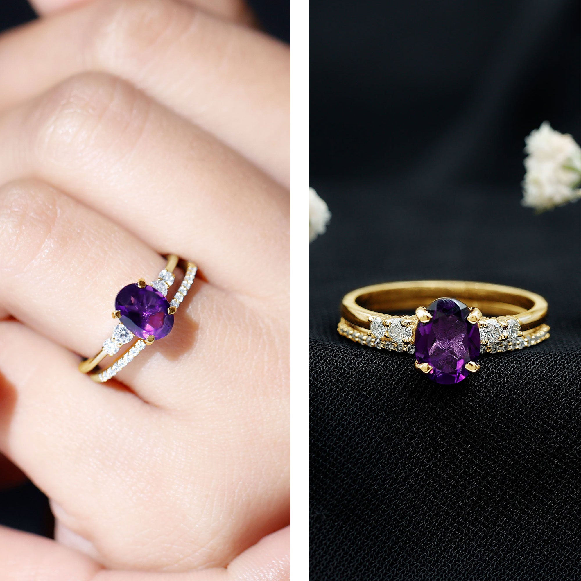 1 Carat Amethyst Diamond Oval Engagement Ring with Wedding Band AAA - Rosec Jewels