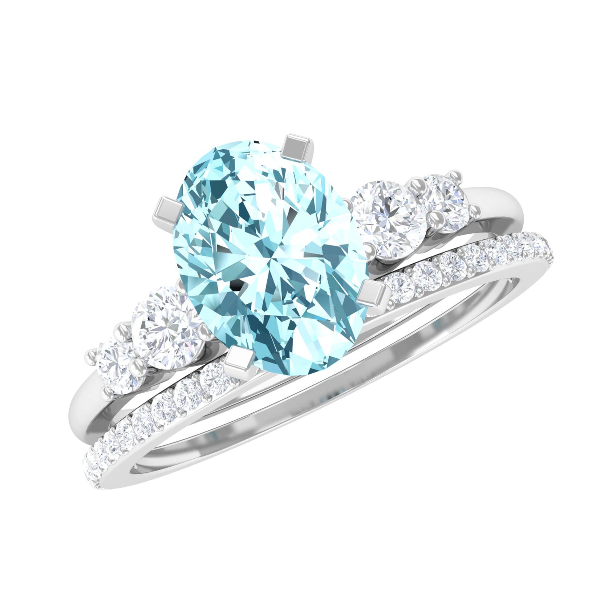 Oval Aquamarine Solitaire Ring Set with Diamond