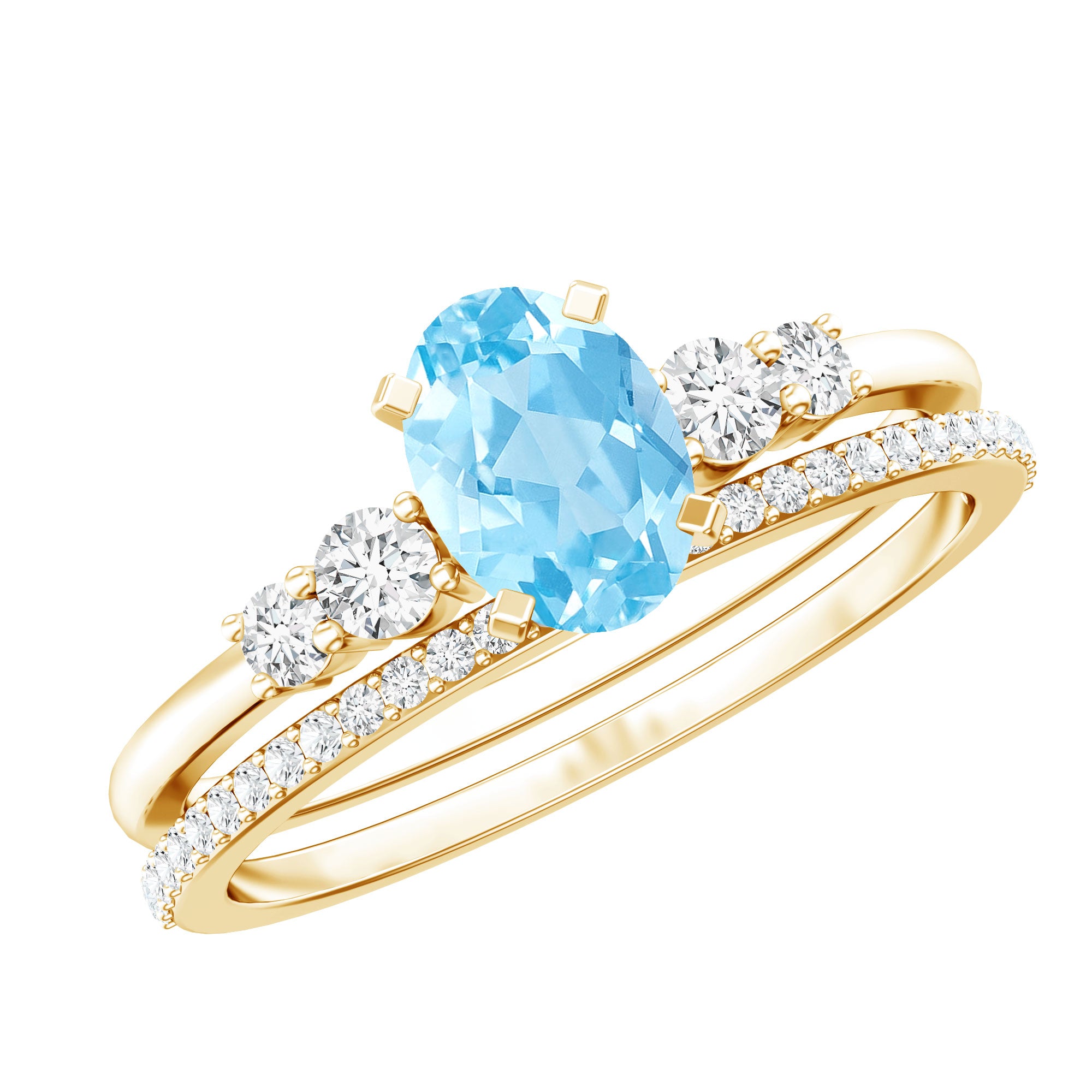 1 Carat Oval Shape Aquamarine Wedding Ring Set with Diamond AAA - Rosec Jewels