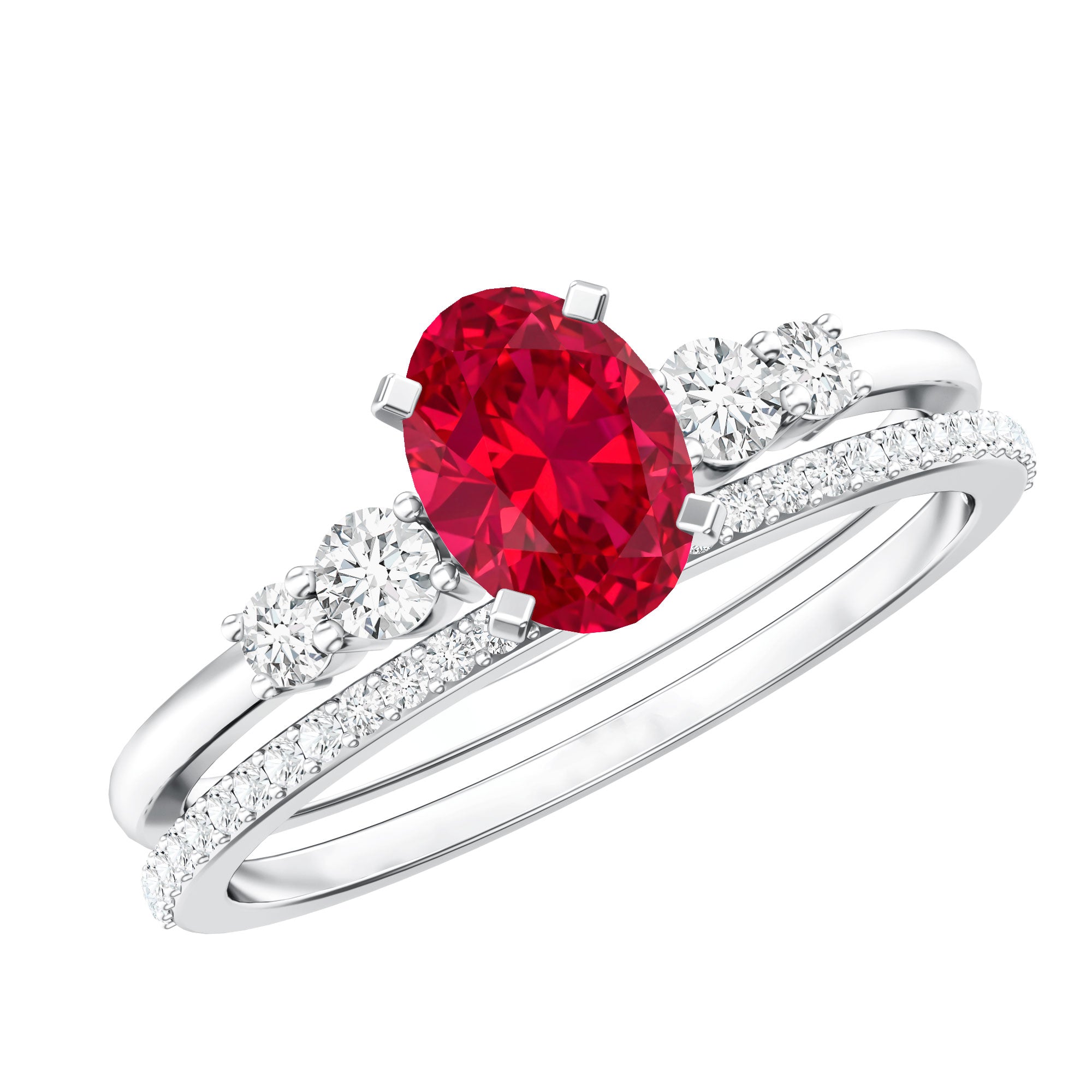 1.5 Carat Oval Lab Created Ruby Solitaire Bridal Ring Set with Diamond AAAA - Rosec Jewels