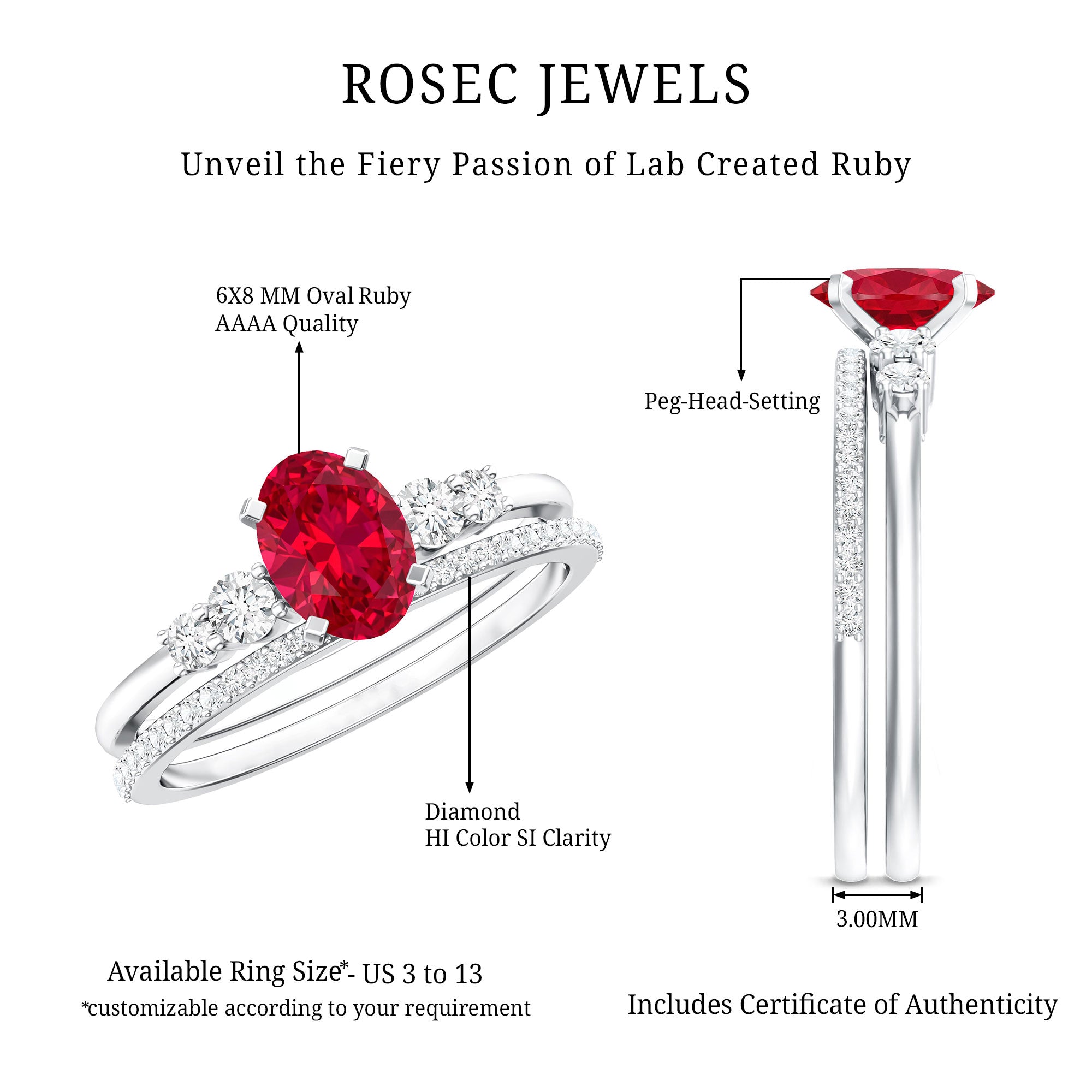 1.5 Carat Oval Lab Created Ruby Solitaire Bridal Ring Set with Diamond AAAA - Rosec Jewels