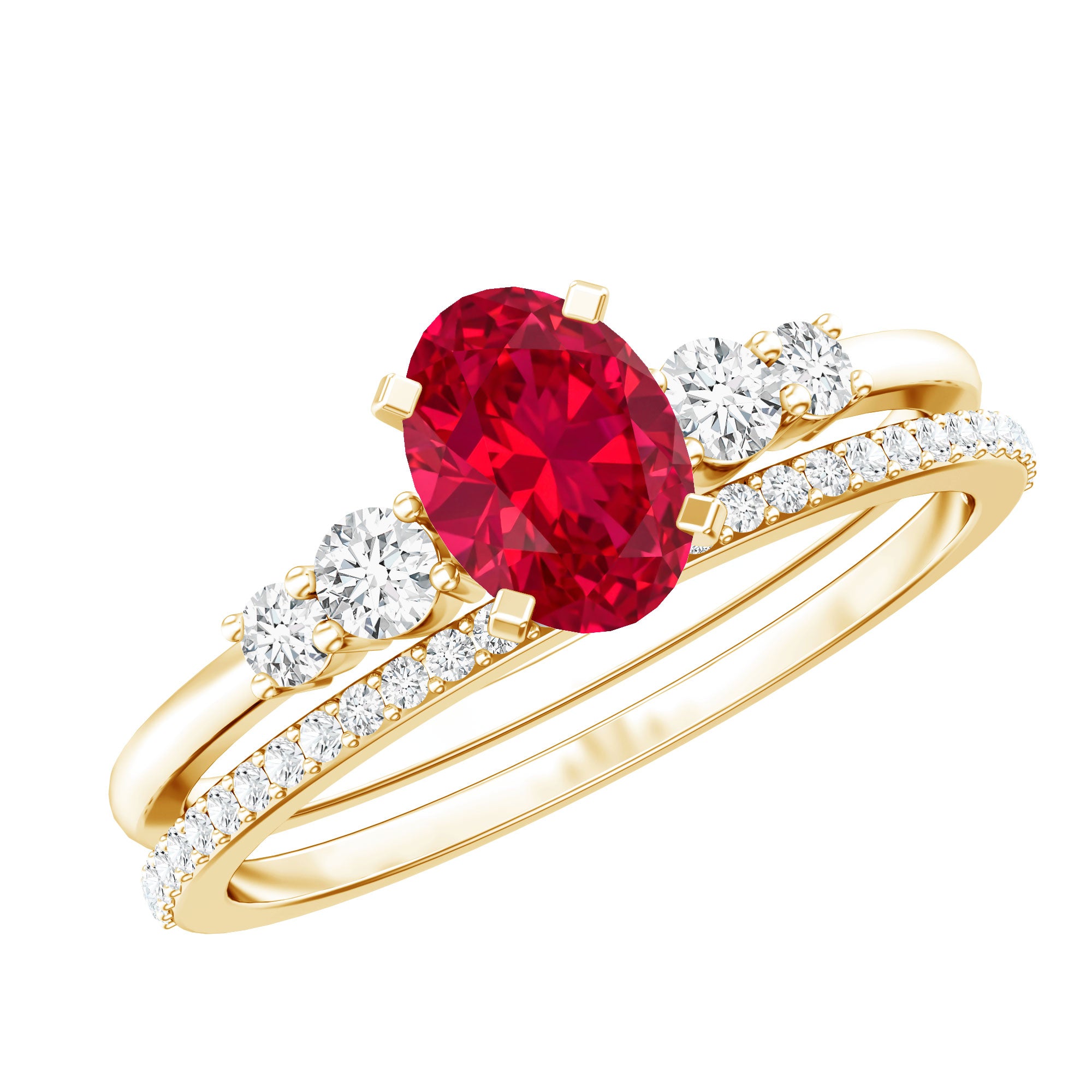 1.5 Carat Oval Lab Created Ruby Solitaire Bridal Ring Set with Diamond AAAA - Rosec Jewels