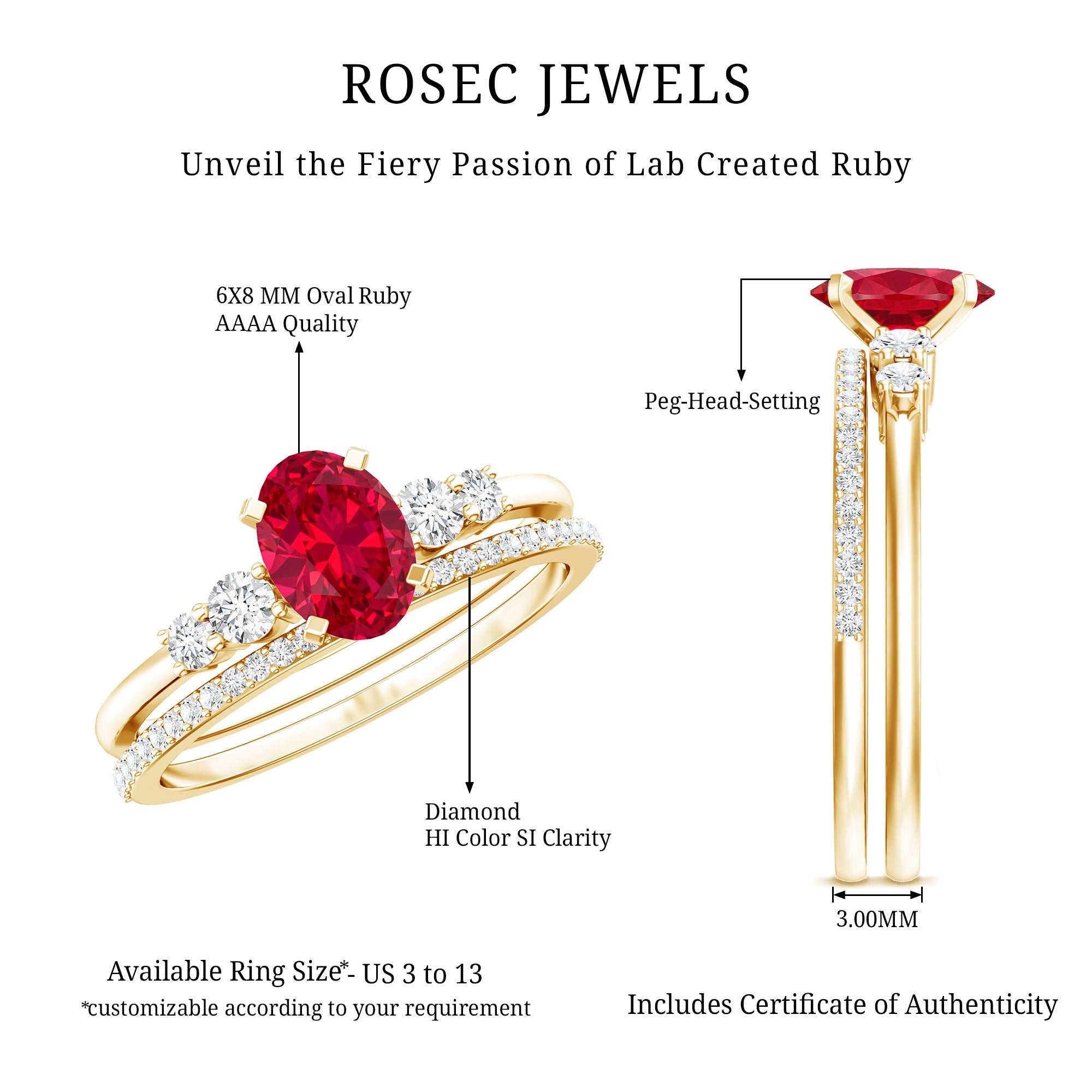 1.5 Carat Oval Lab Created Ruby Solitaire Bridal Ring Set with Diamond AAAA - Rosec Jewels
