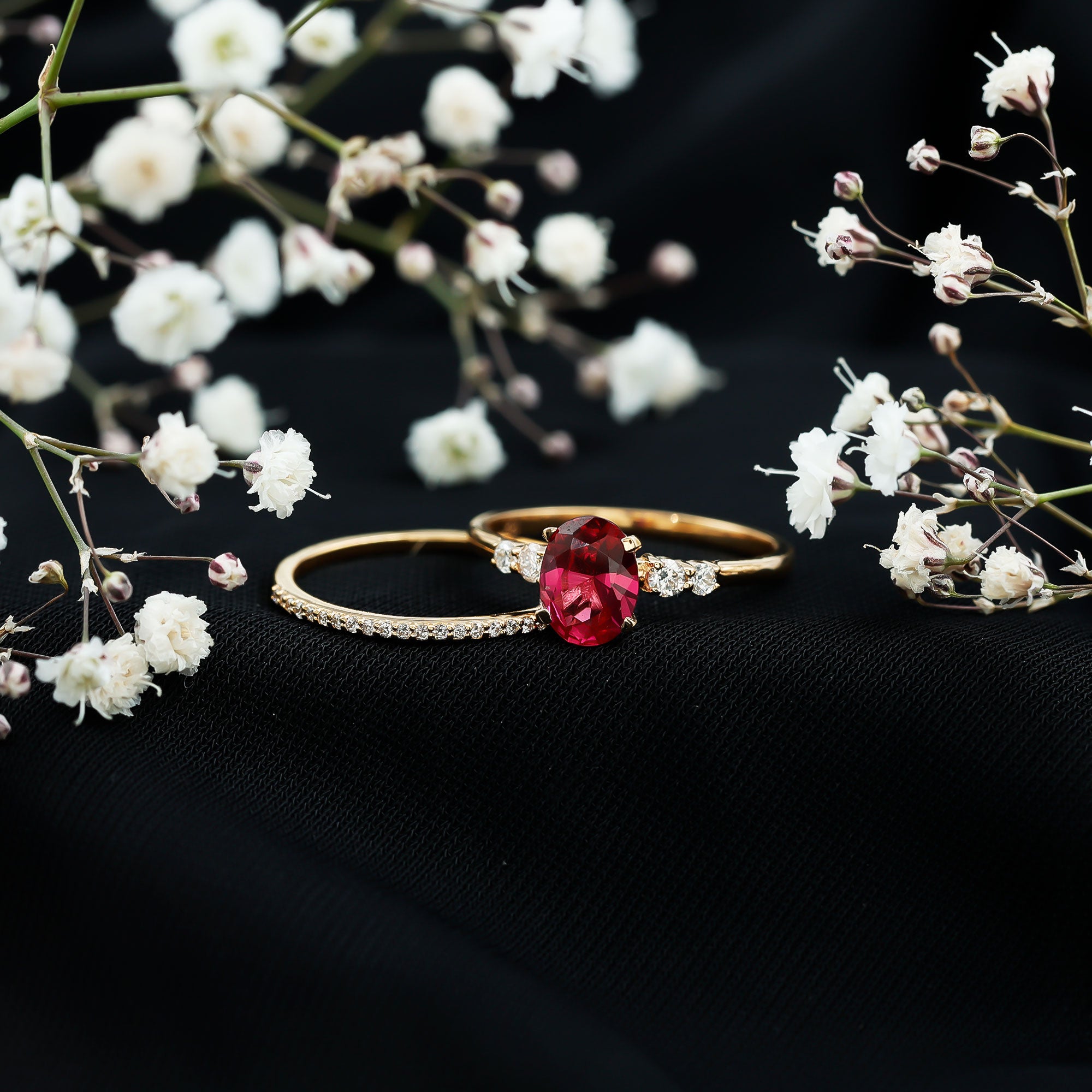 1.5 Carat Oval Lab Created Ruby Solitaire Bridal Ring Set with Diamond AAAA - Rosec Jewels
