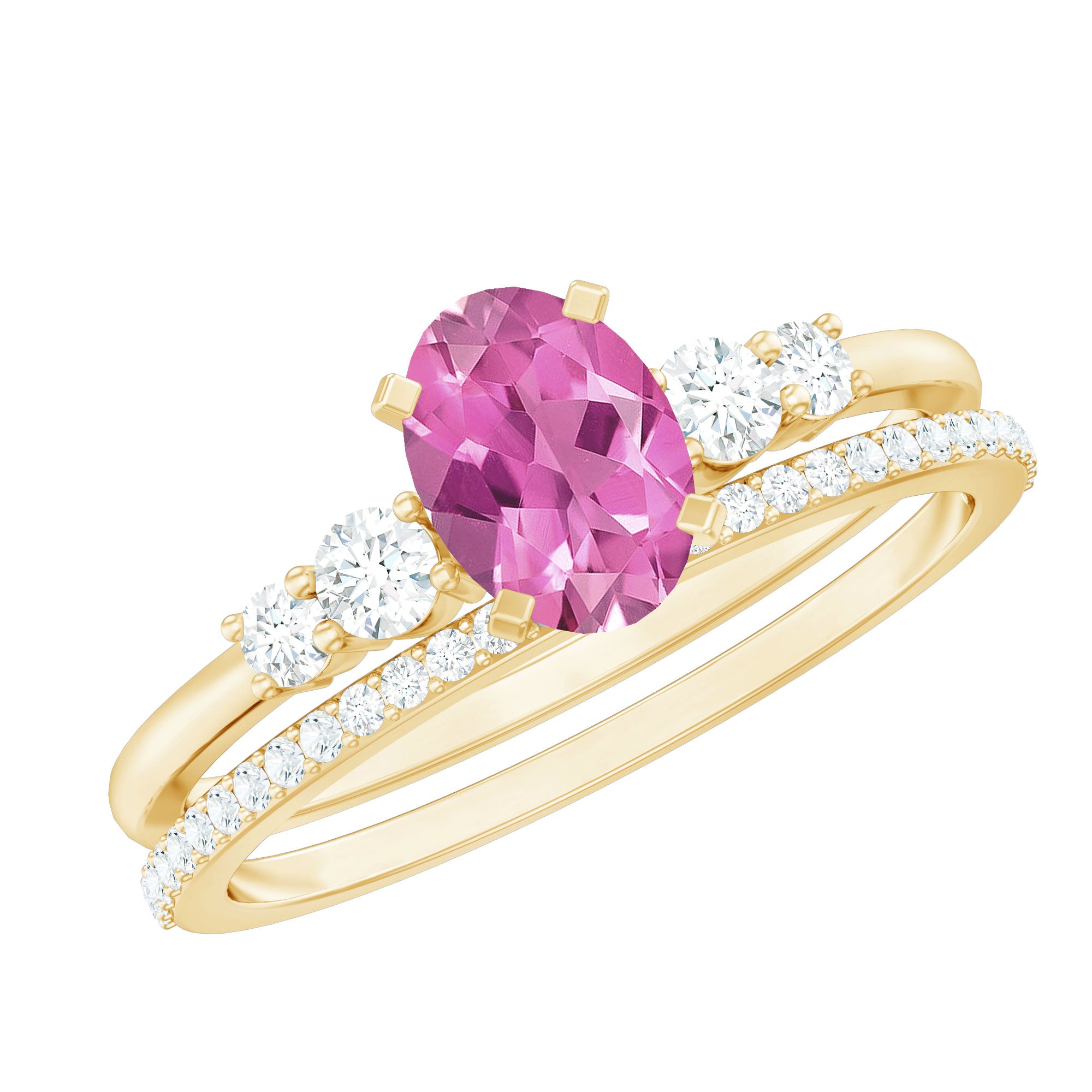 Oval Pink tourmaline Ring with Diamond Wedding Band AAA - Rosec Jewels