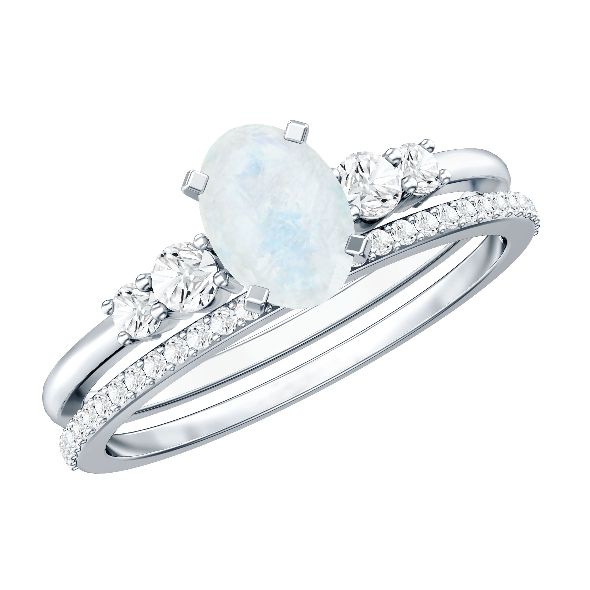 Oval Moonstone Solitaire Ring Set with Diamond AAA - Rosec Jewels