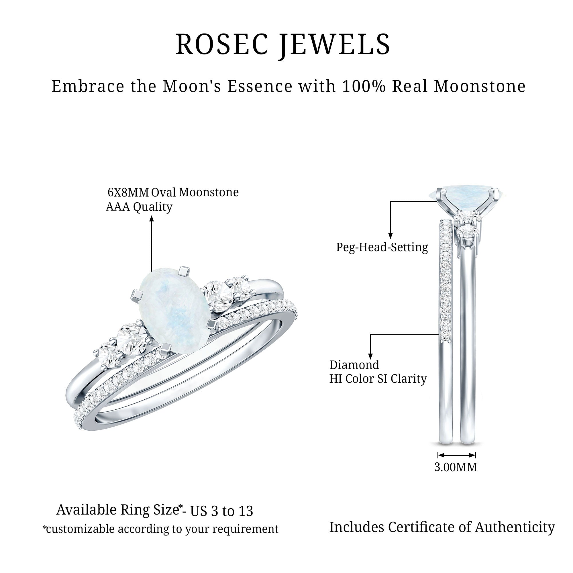 Oval Moonstone Solitaire Ring Set with Diamond AAA - Rosec Jewels