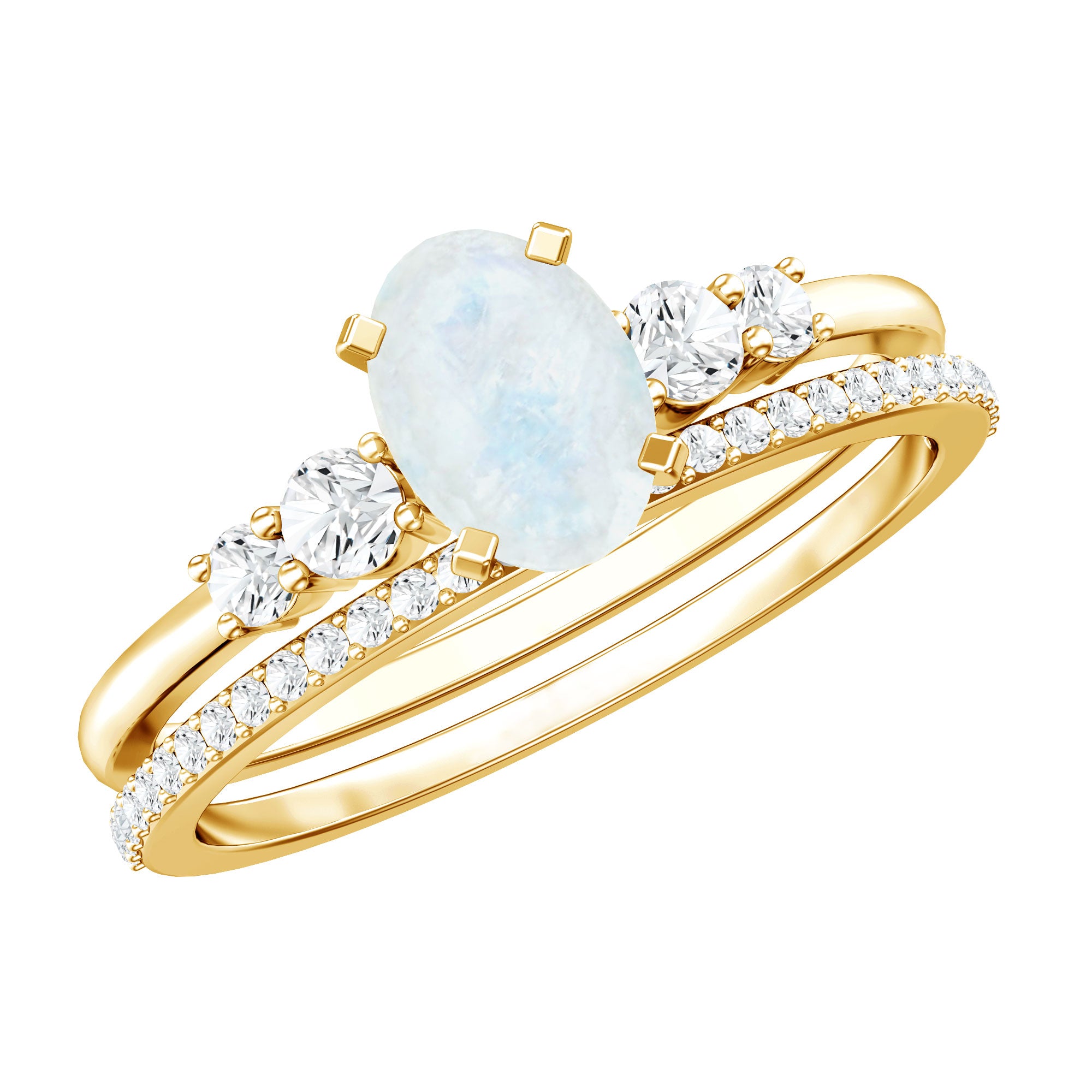 Oval Moonstone Solitaire Ring Set with Diamond AAA - Rosec Jewels