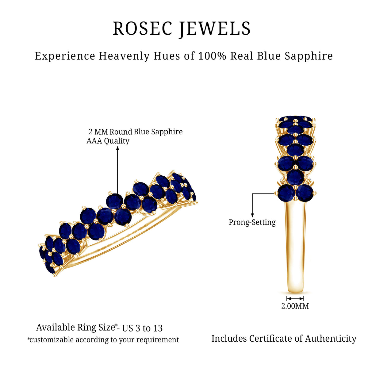 Natural Blue Sapphire Half Eternity Anniversary Ring AAA - Rosec Jewels