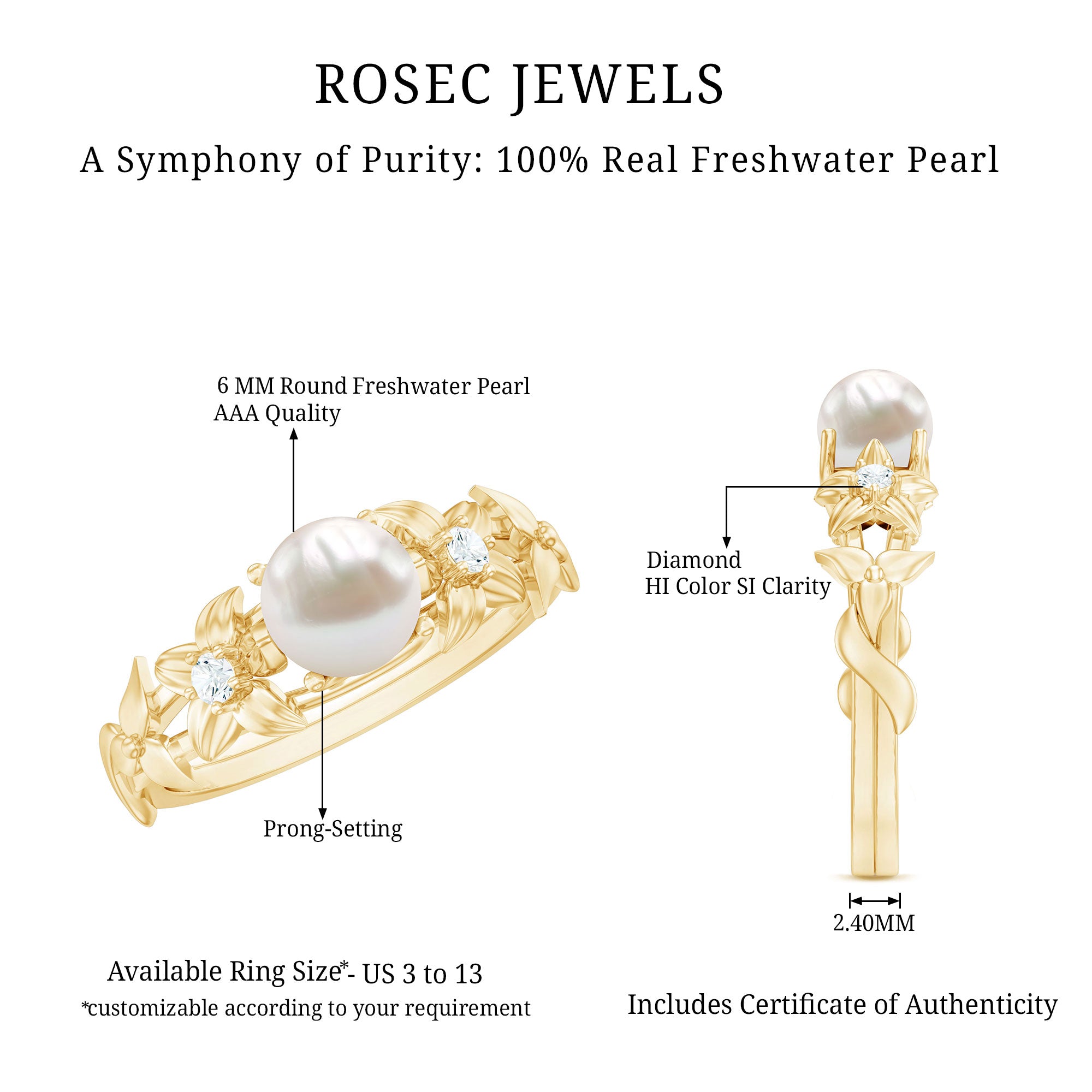 Cultured 2 Carat White Pearl Flower Engagement Ring with Diamonds AAA - Rosec Jewels