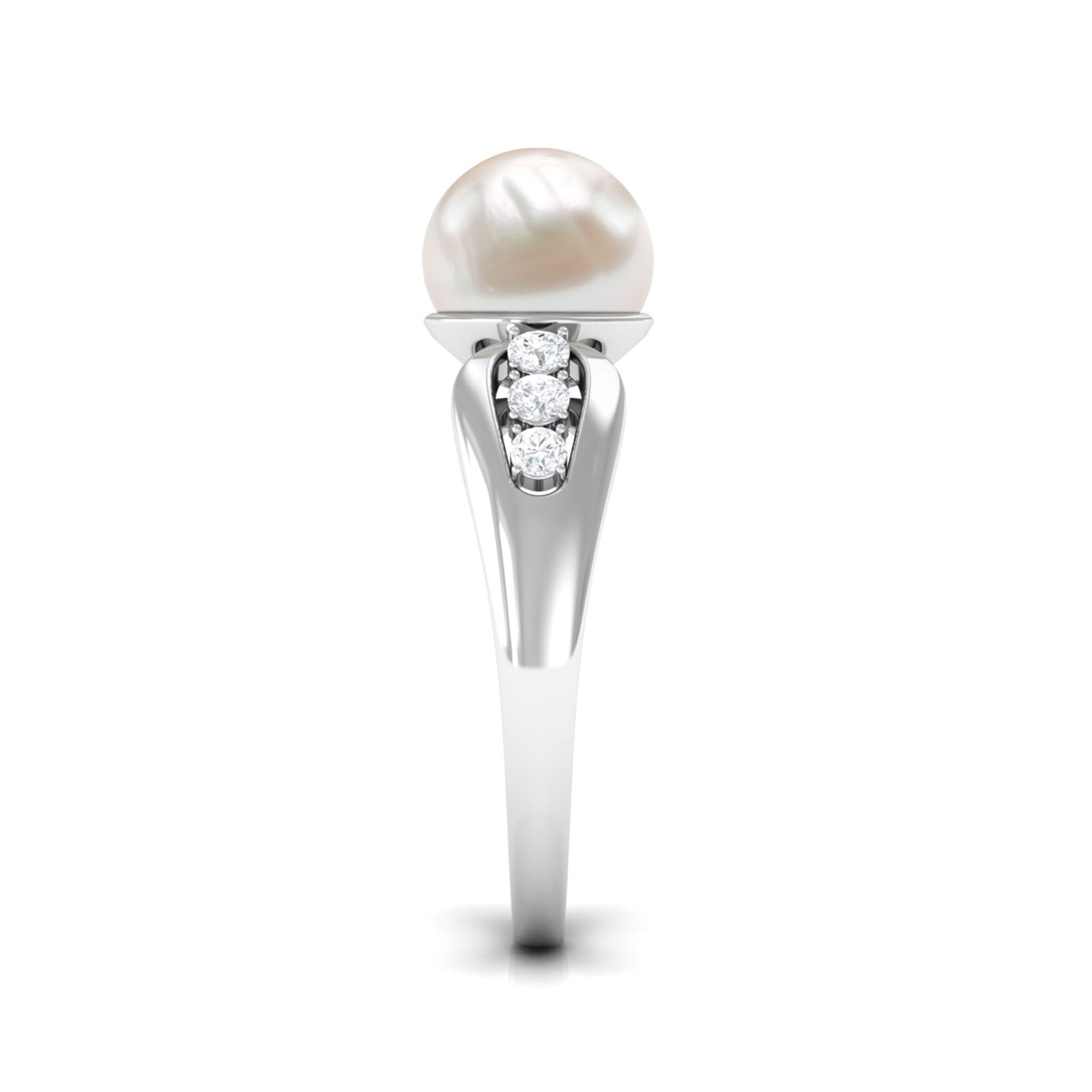 Bead Set Freshwater Pearl Solitaire Ring with Diamond Side Stones AAA - Rosec Jewels