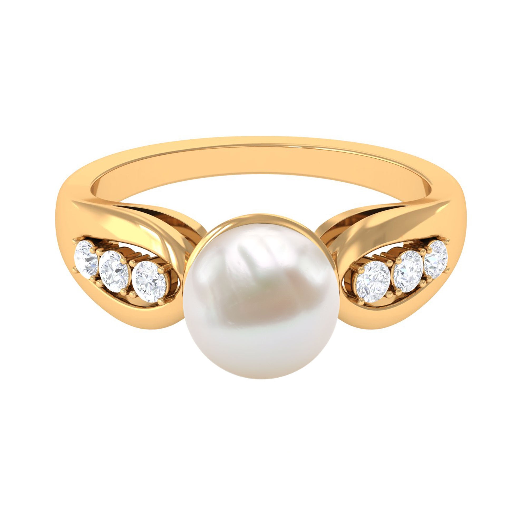 Bead Set Freshwater Pearl Solitaire Ring with Diamond Side Stones AAA - Rosec Jewels