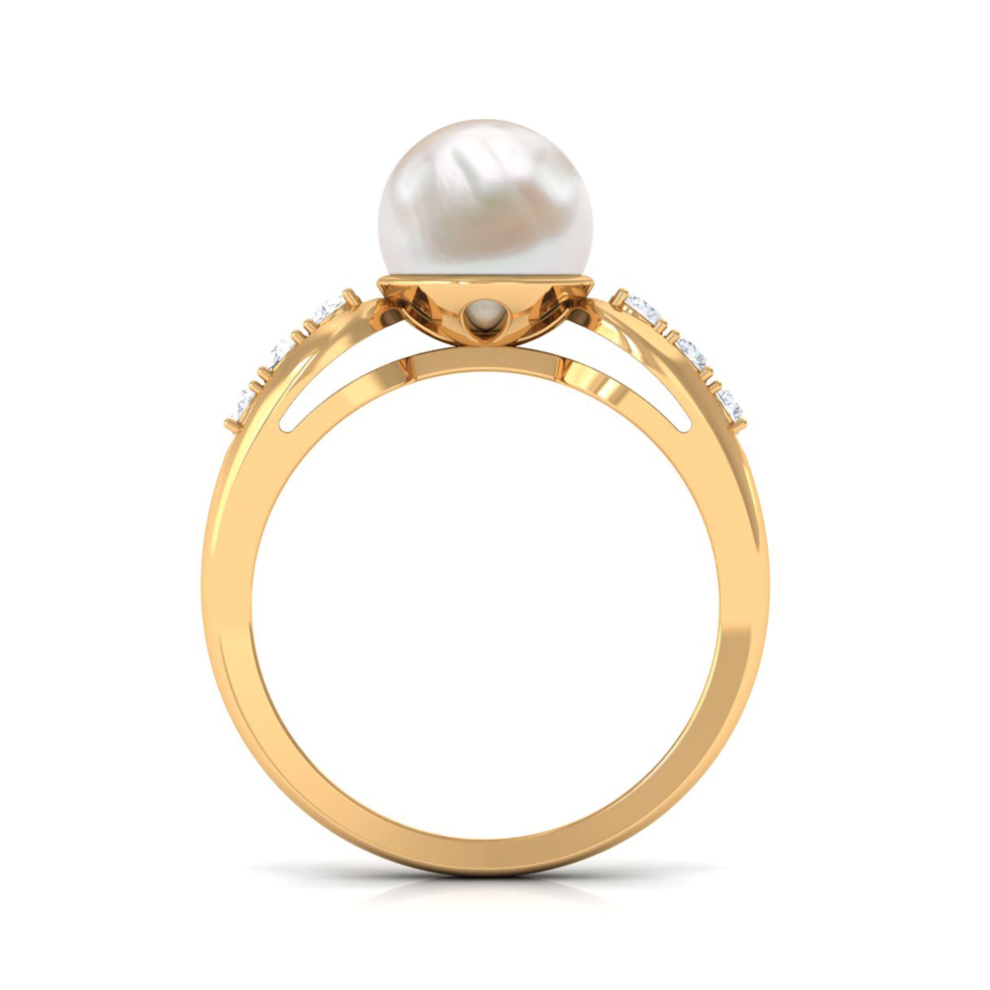 Bead Set Freshwater Pearl Solitaire Ring with Diamond Side Stones AAA - Rosec Jewels