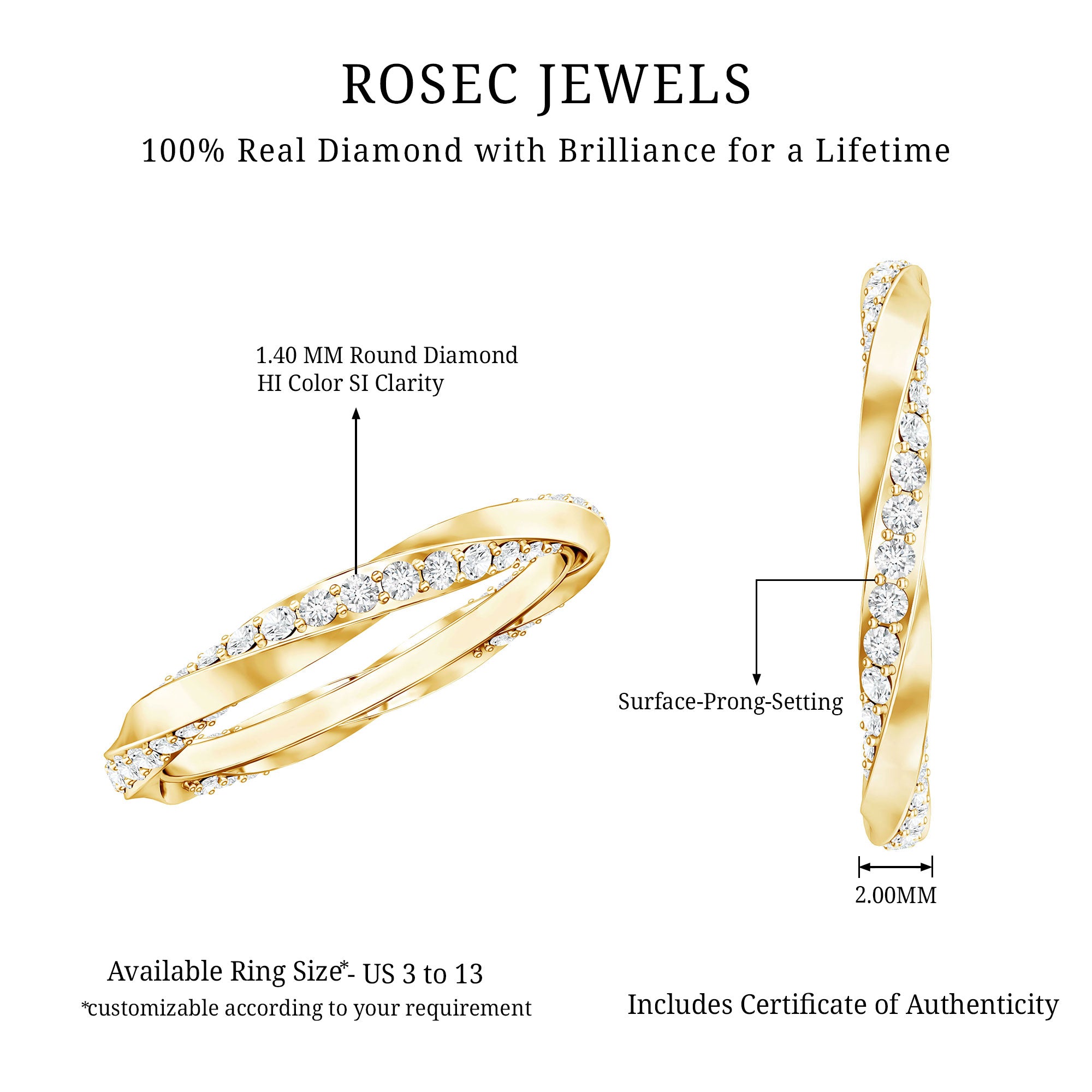 Certified Real Diamond Twisted Eternity Ring Natural - ( HI-SI ) - Rosec Jewels