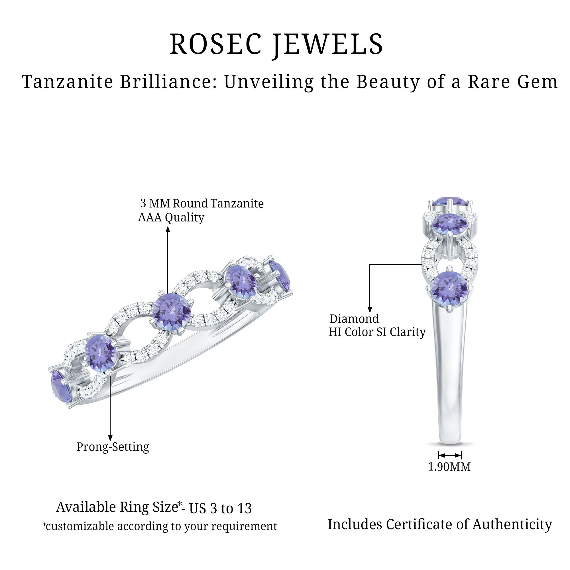 Rosec Jewels-Real Tanzanite Diamond Half Eternity Ring for Women