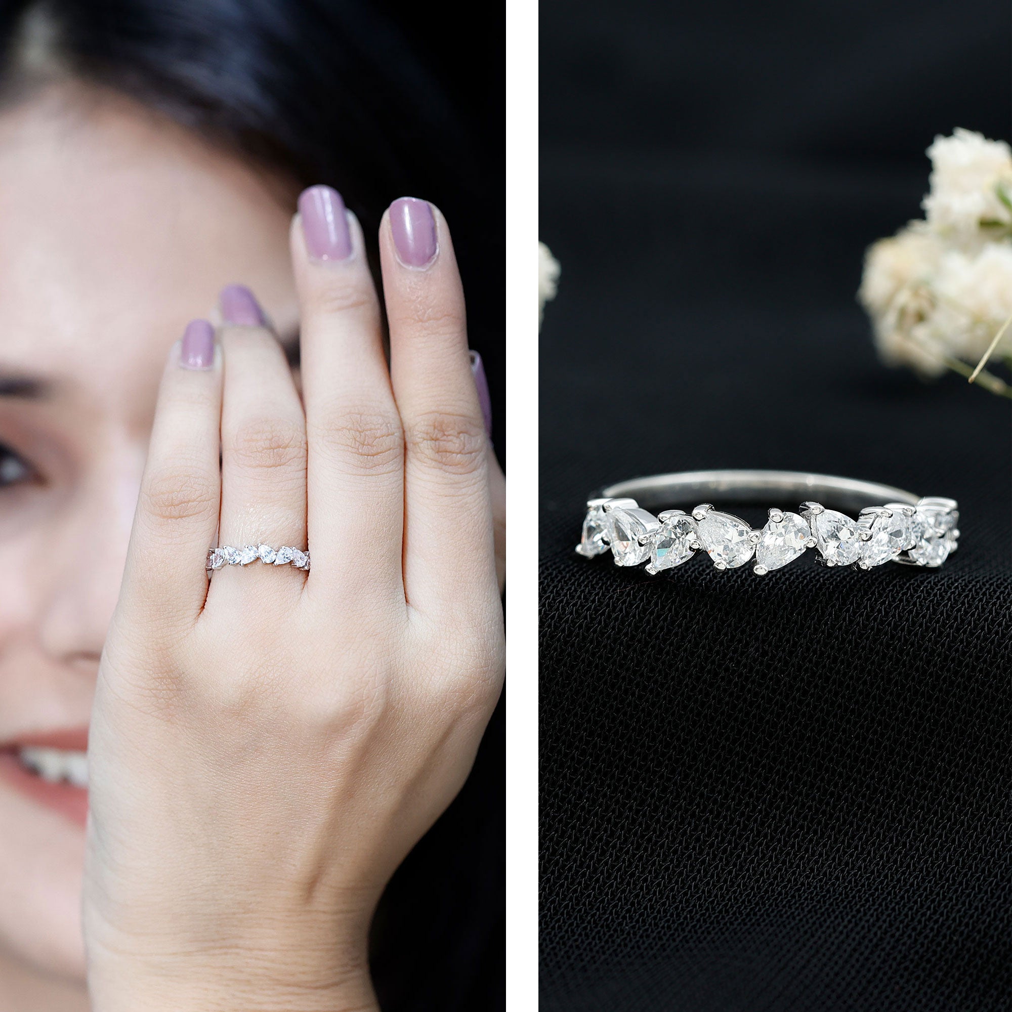 Natural Pear Shape Diamond Half Eternity Ring for Women Natural - ( HI-SI ) - Rosec Jewels