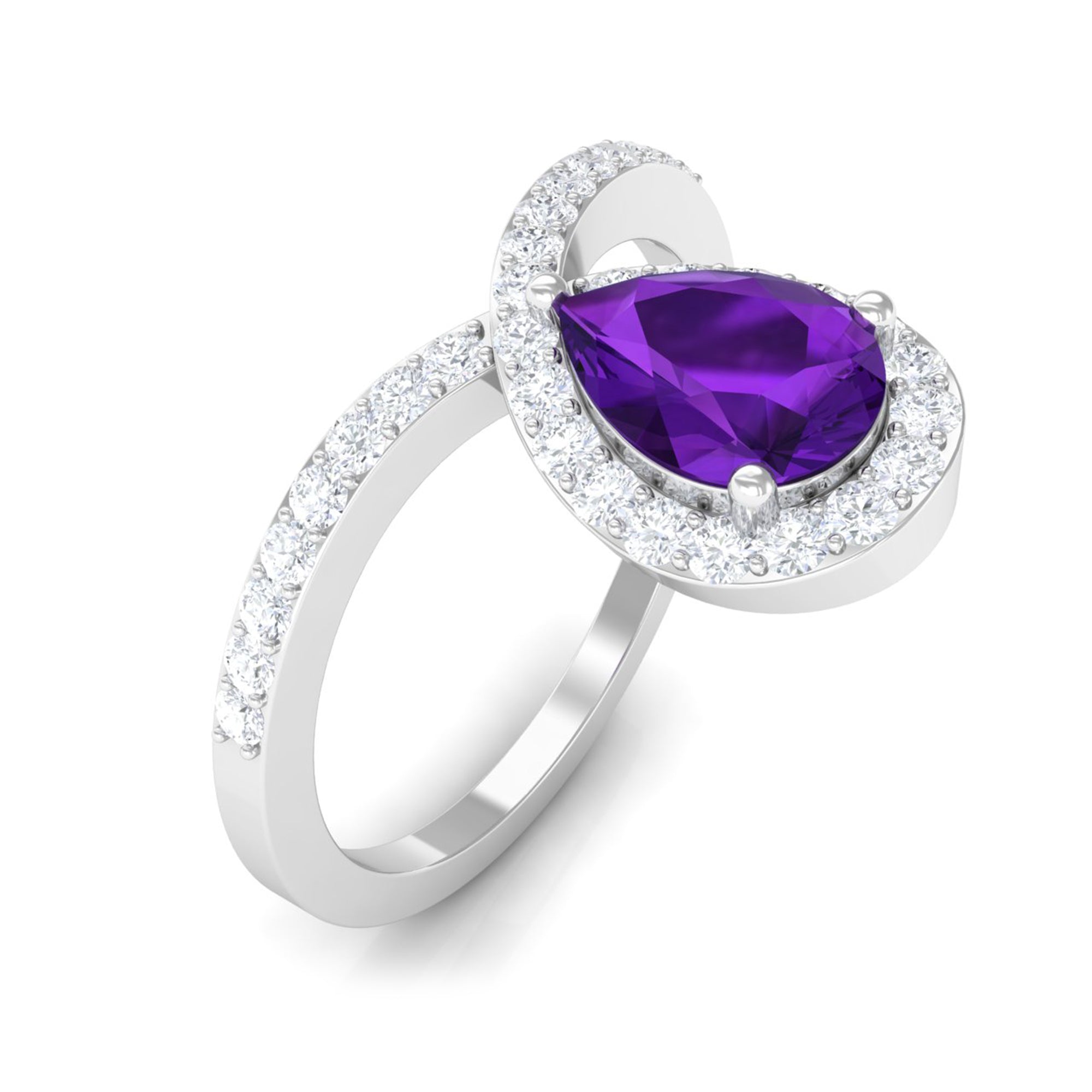 Designer 1 Carat Pear Shape Amethyst Chevron Engagement Ring with Diamond AAA - Rosec Jewels