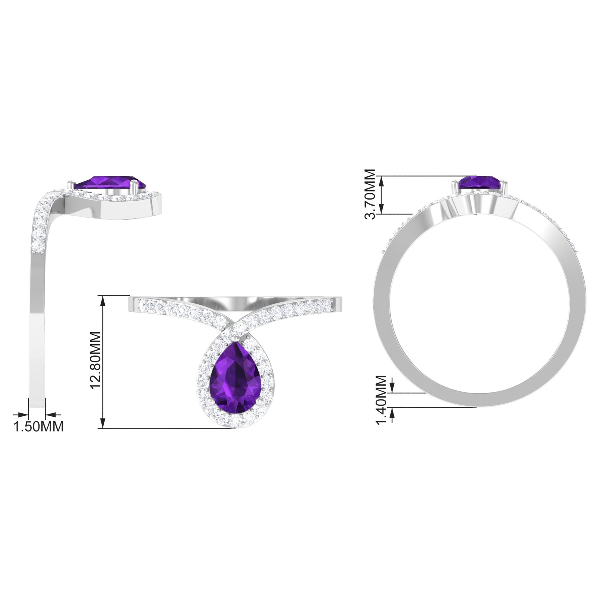 Designer 1 Carat Pear Shape Amethyst Chevron Engagement Ring with Diamond AAA - Rosec Jewels