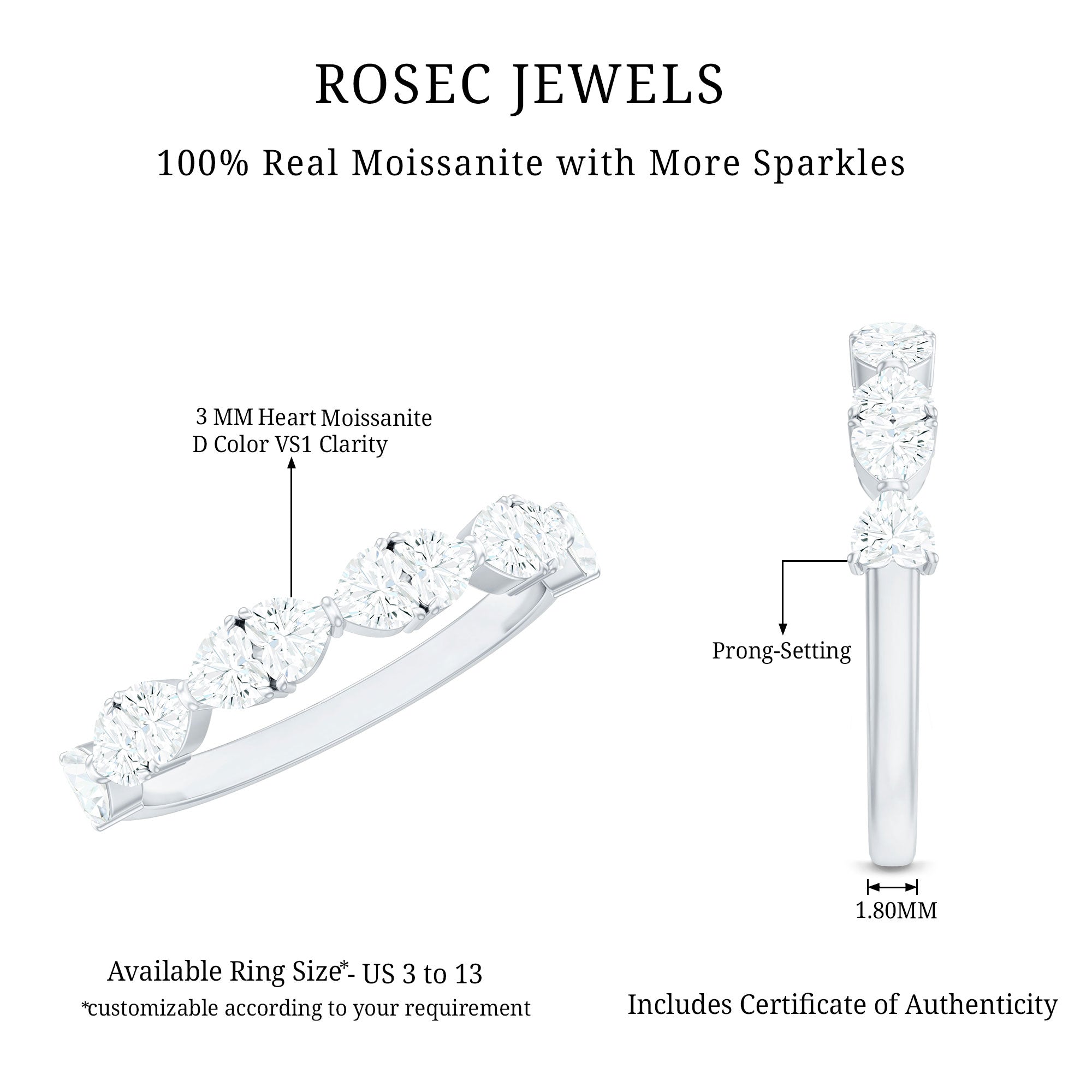 Rosec Jewels-Heart Shaped Moissanite Wedding Band for Women