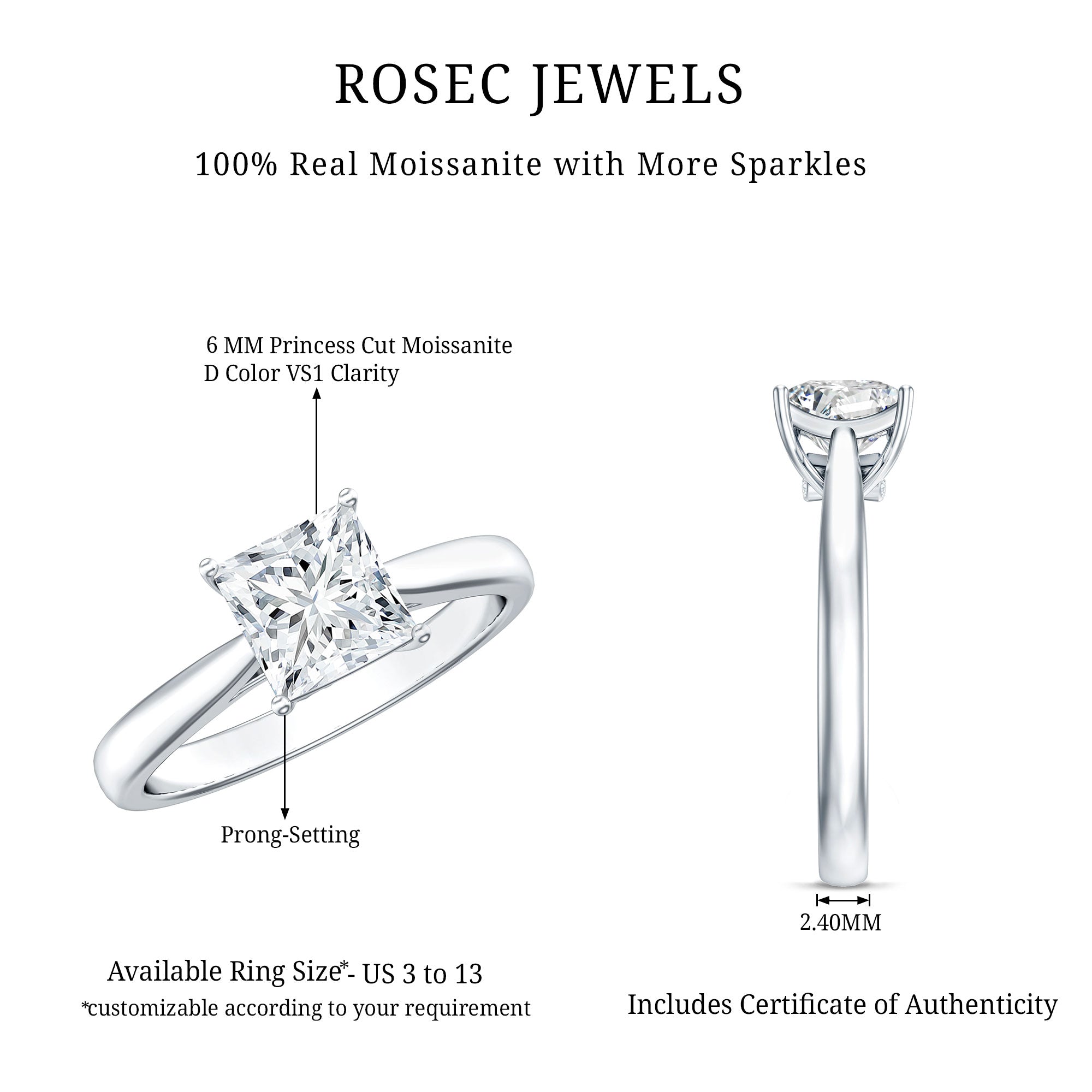Princess Cut Moissanite Solitaire Engagement Ring D-VS1 - Rosec Jewels