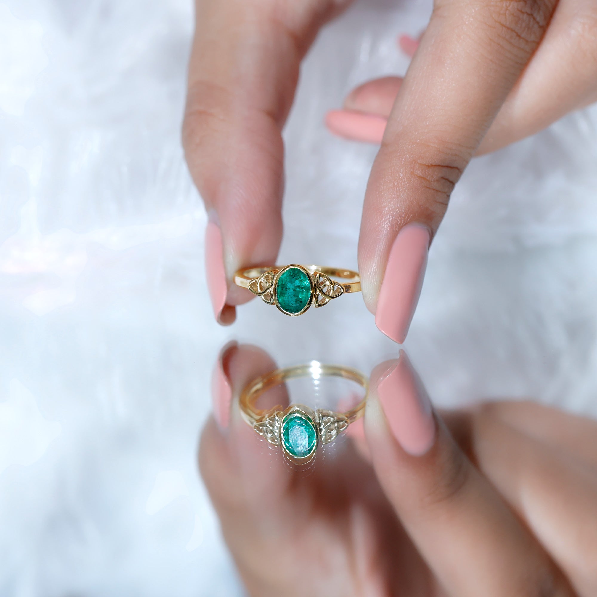 Oval Shaped Emerald Celtic Engagement Ring in Bezel Setting AAA - Rosec Jewels