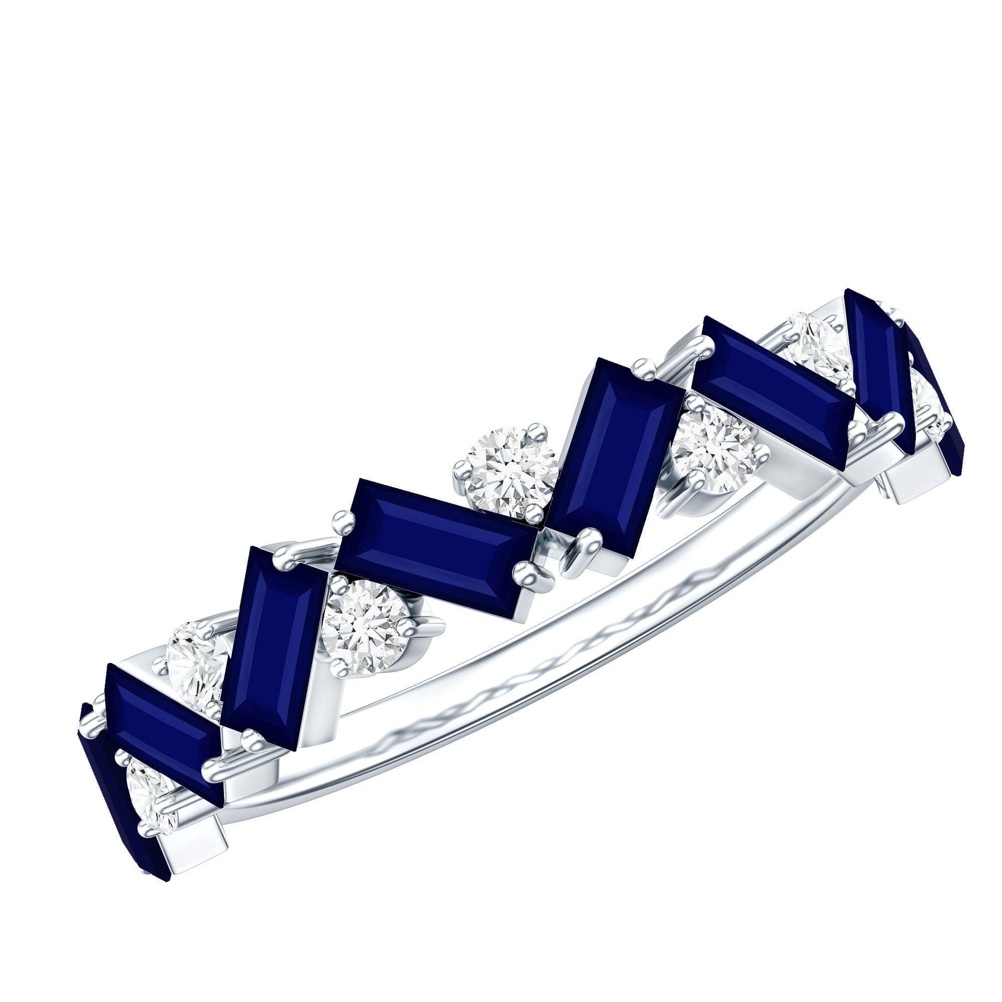 Certified Real Baguette Blue Sapphire Half Eternity Ring with Diamond AAA - Rosec Jewels
