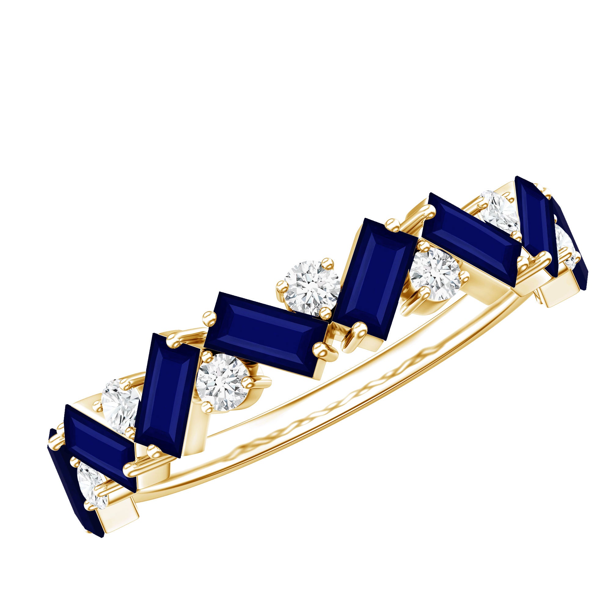 Certified Real Baguette Blue Sapphire Half Eternity Ring with Diamond AAA - Rosec Jewels