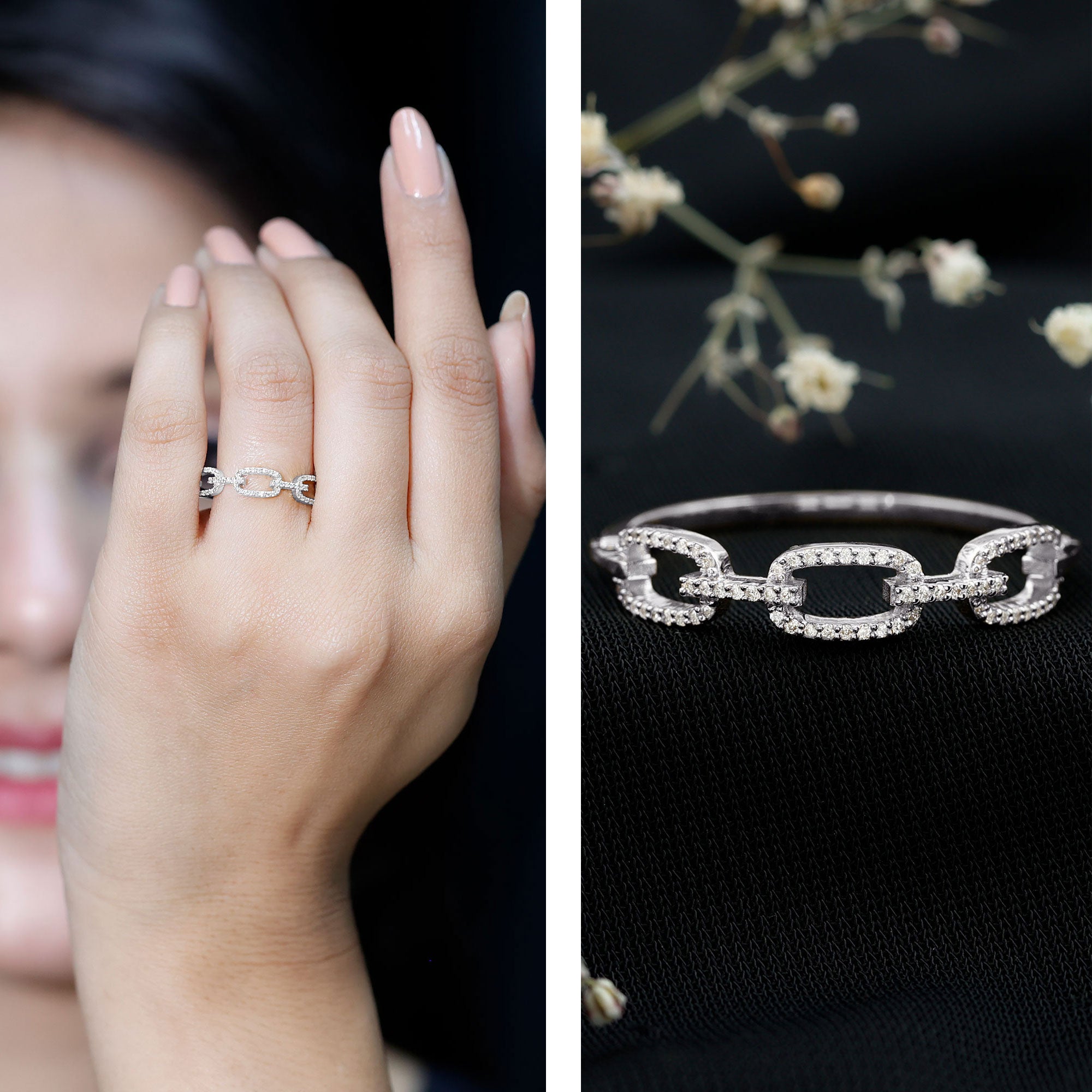 Certified Diamond Chain Link Ring in Prong Setting Natural - ( HI-SI ) - Rosec Jewels