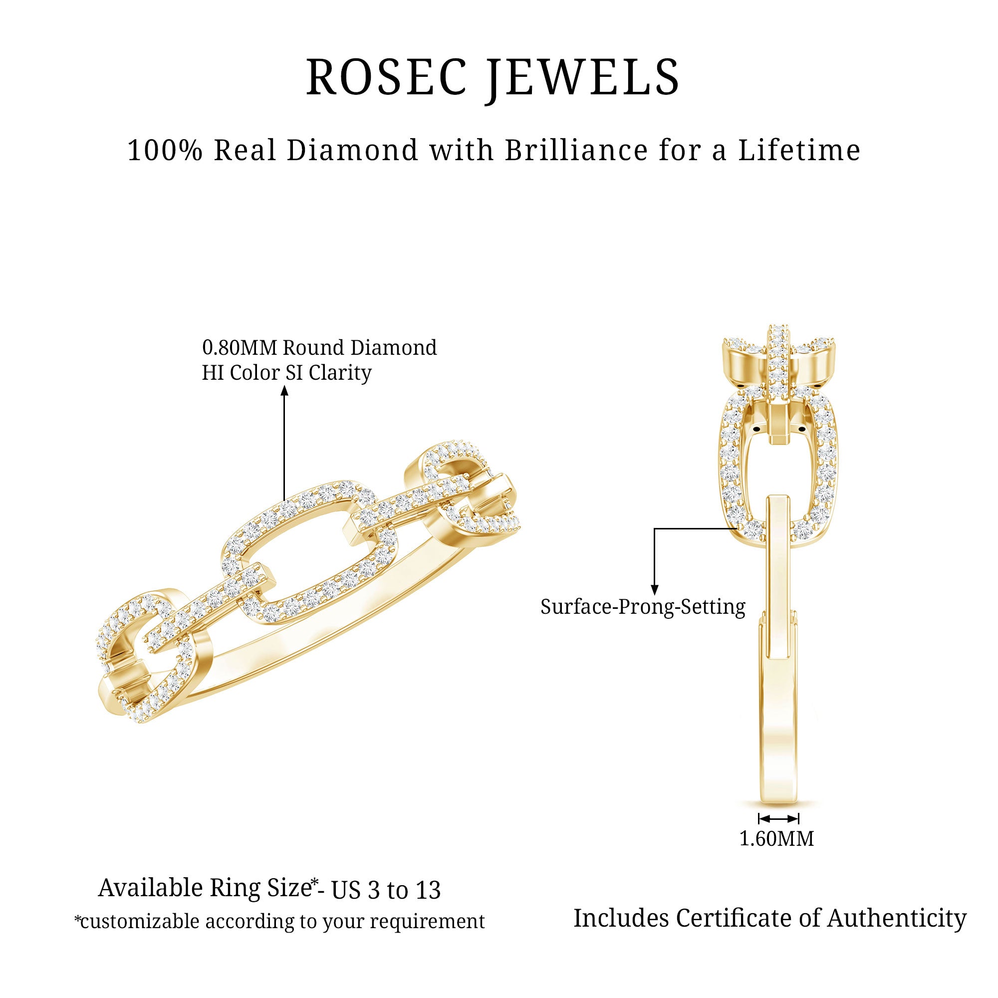 Certified Diamond Chain Link Ring in Prong Setting Natural - ( HI-SI ) - Rosec Jewels