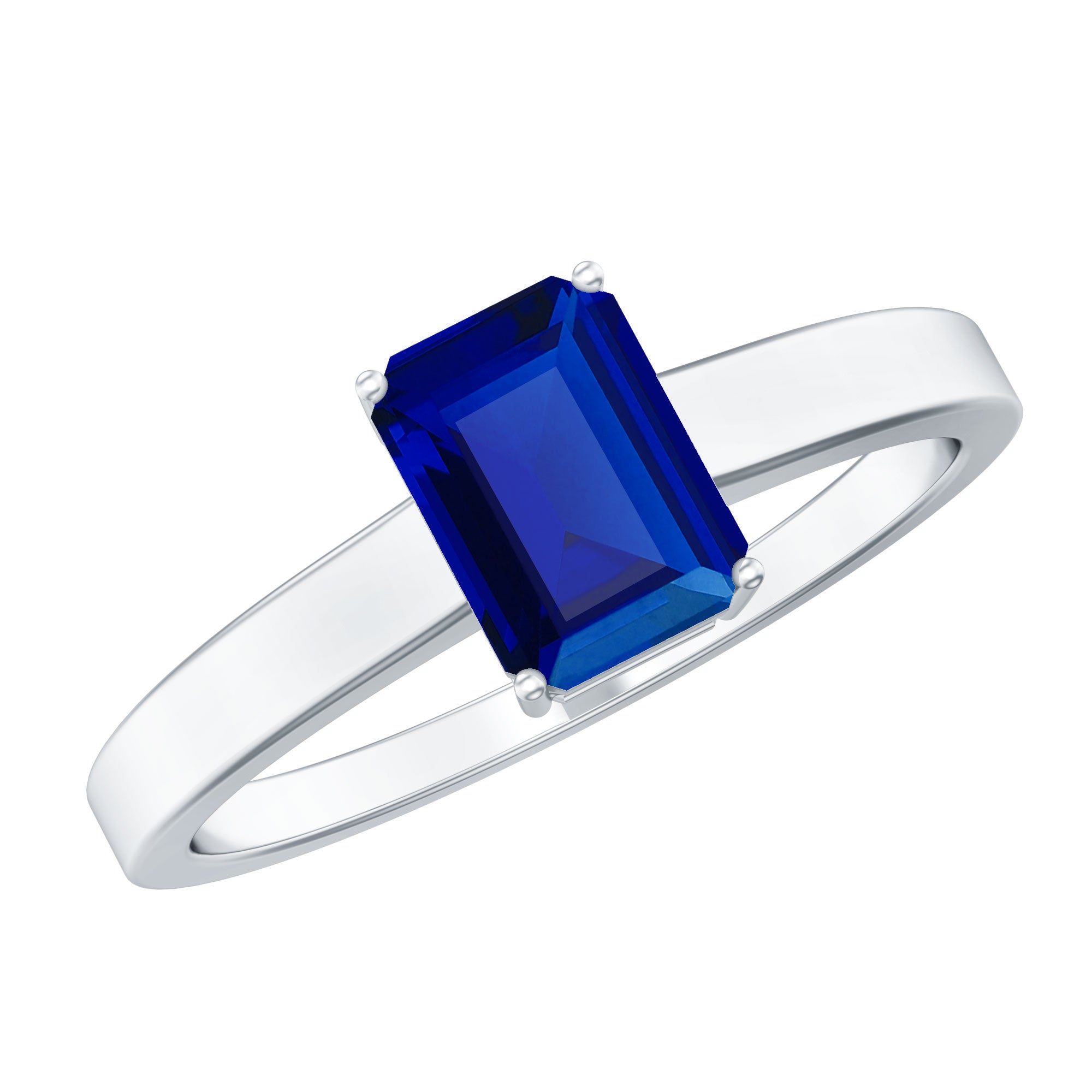 6X8 mm Emerald Cut Lab Created Blue Sapphire Solitaire Engagement Ring