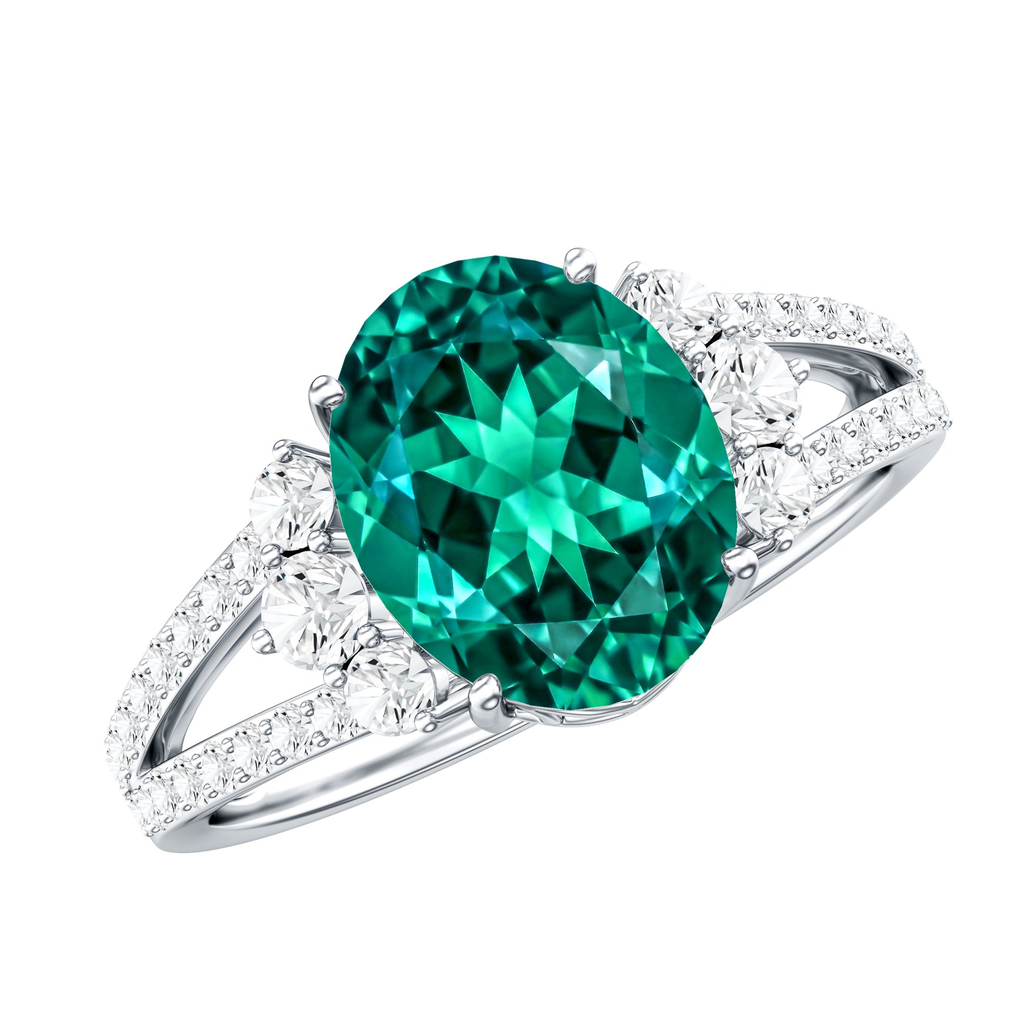 Certified 3 Carat Oval Lab Grown Emerald Split Shank Engagement Ring AAAA - Rosec Jewels