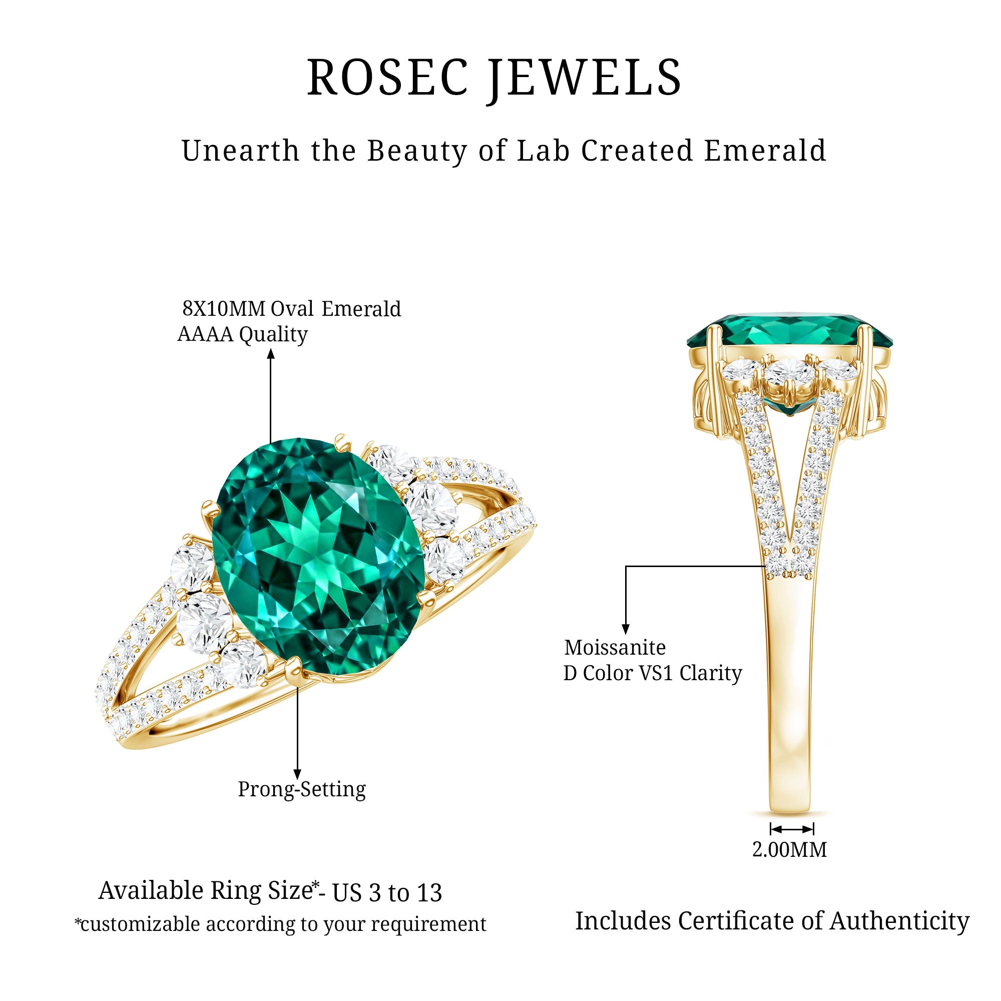 Certified 3 Carat Oval Lab Grown Emerald Split Shank Engagement Ring AAAA - Rosec Jewels