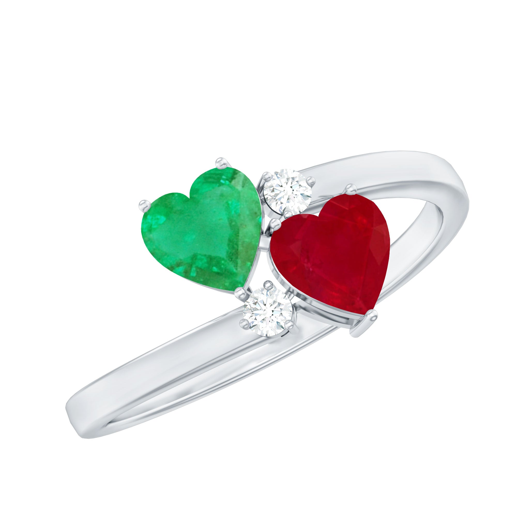 Heart Shaped Ruby Emerald Two Stone Engagement Ring