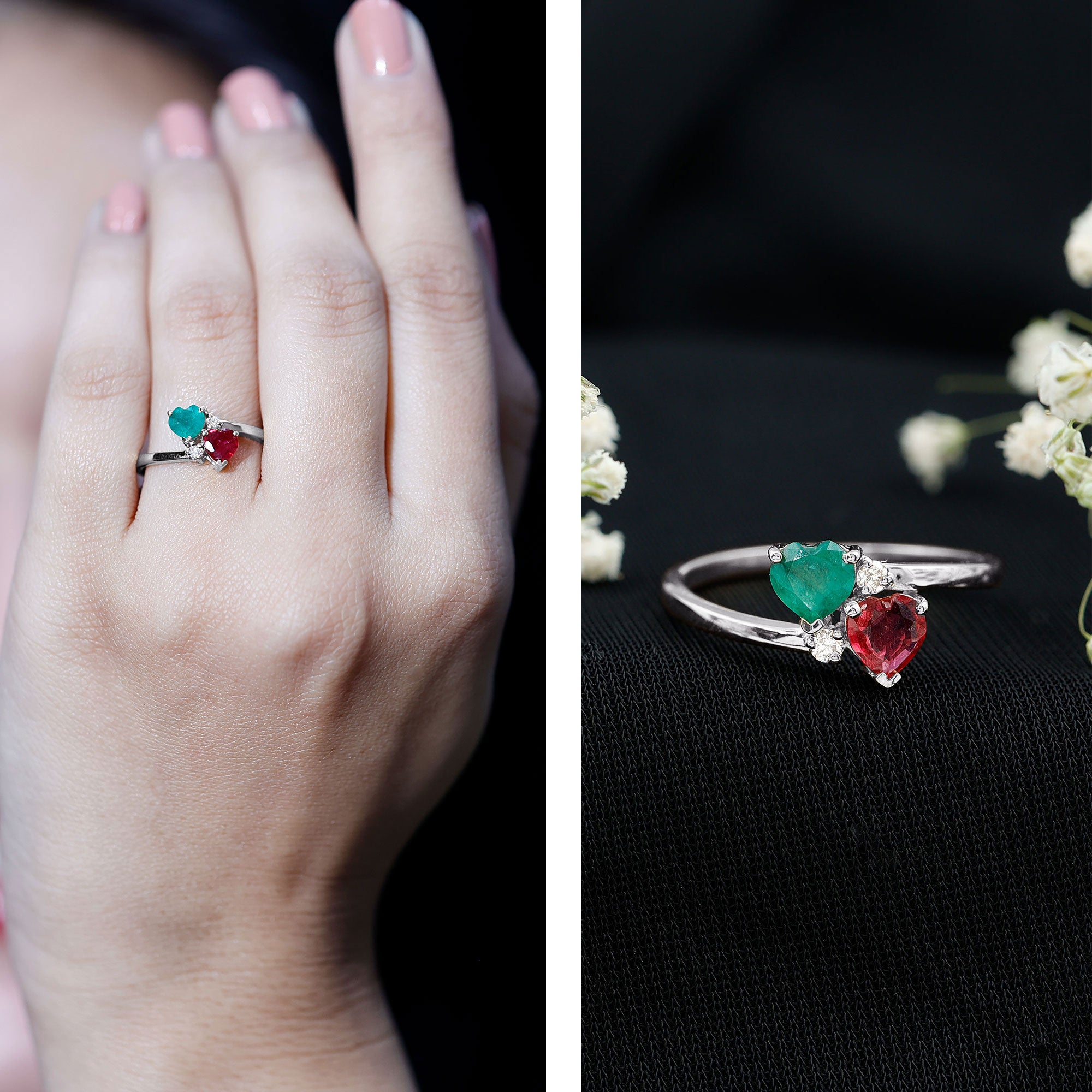 Rosec Jewels-Heart Shaped Ruby Emerald Two Stone Engagement Ring