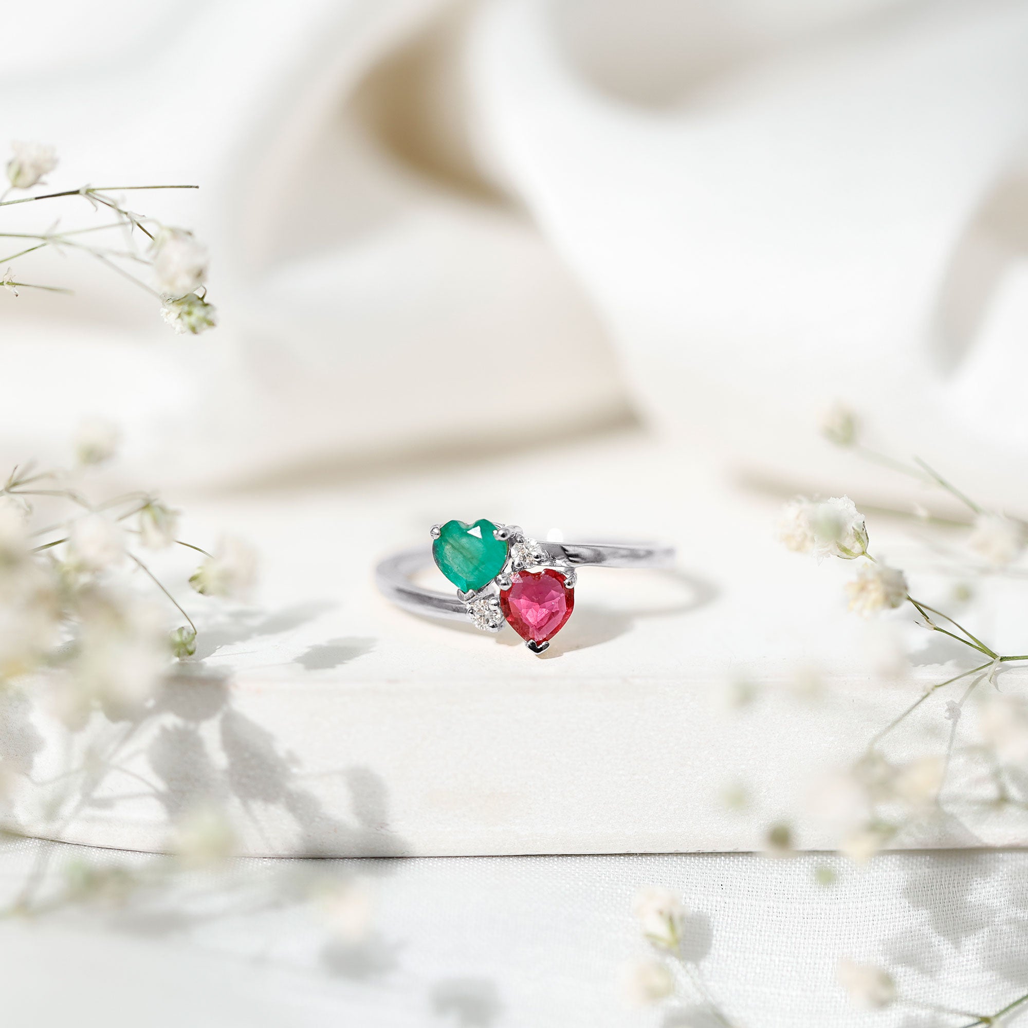 Rosec Jewels-Heart Shaped Ruby Emerald Two Stone Engagement Ring
