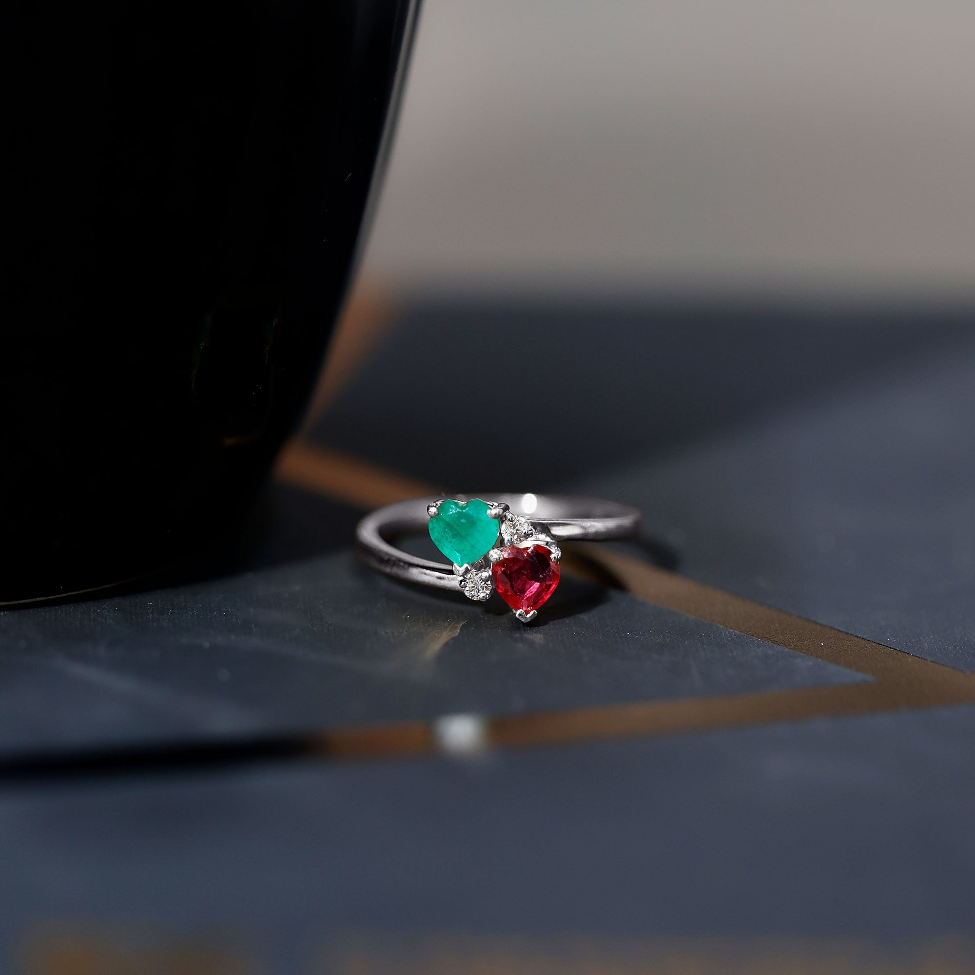 Rosec Jewels-Heart Shaped Ruby Emerald Two Stone Engagement Ring
