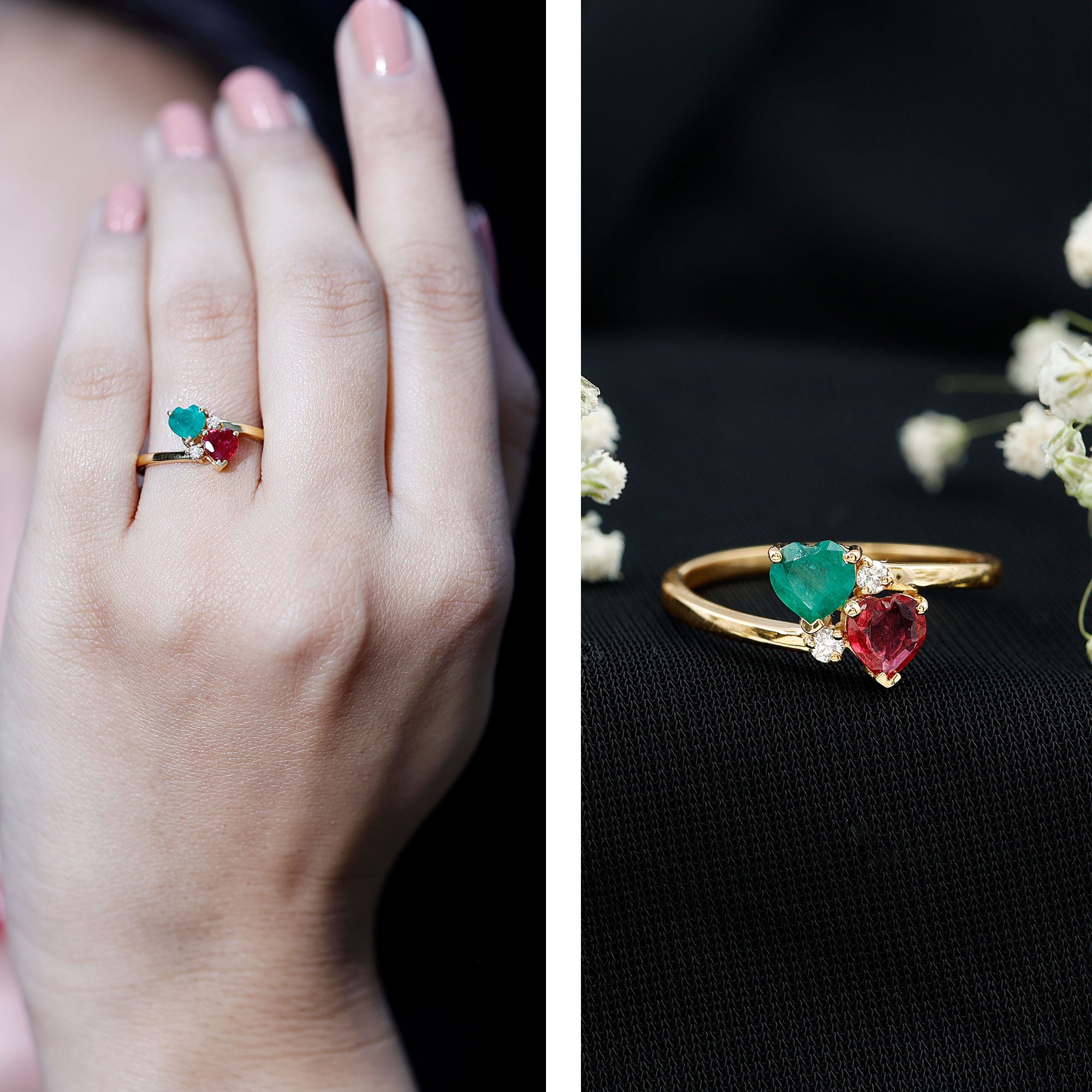 Rosec Jewels-Heart Shaped Ruby Emerald Two Stone Engagement Ring