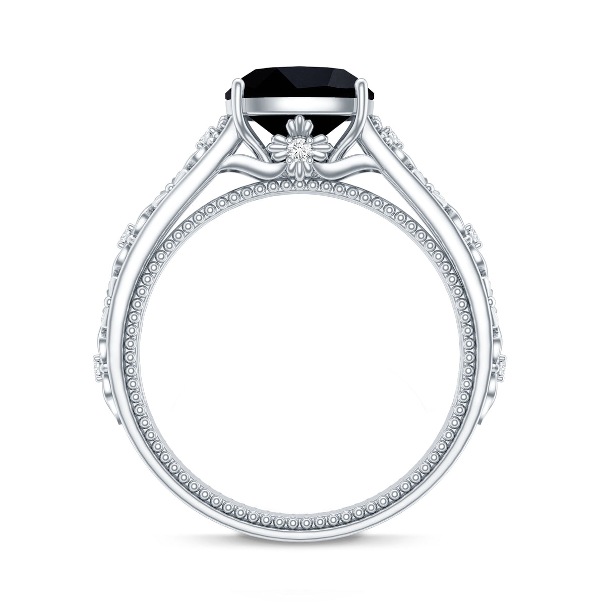 Genuine 2 Carat Black Spinel Vintage Engagement Ring with Diamond AAA - Rosec Jewels