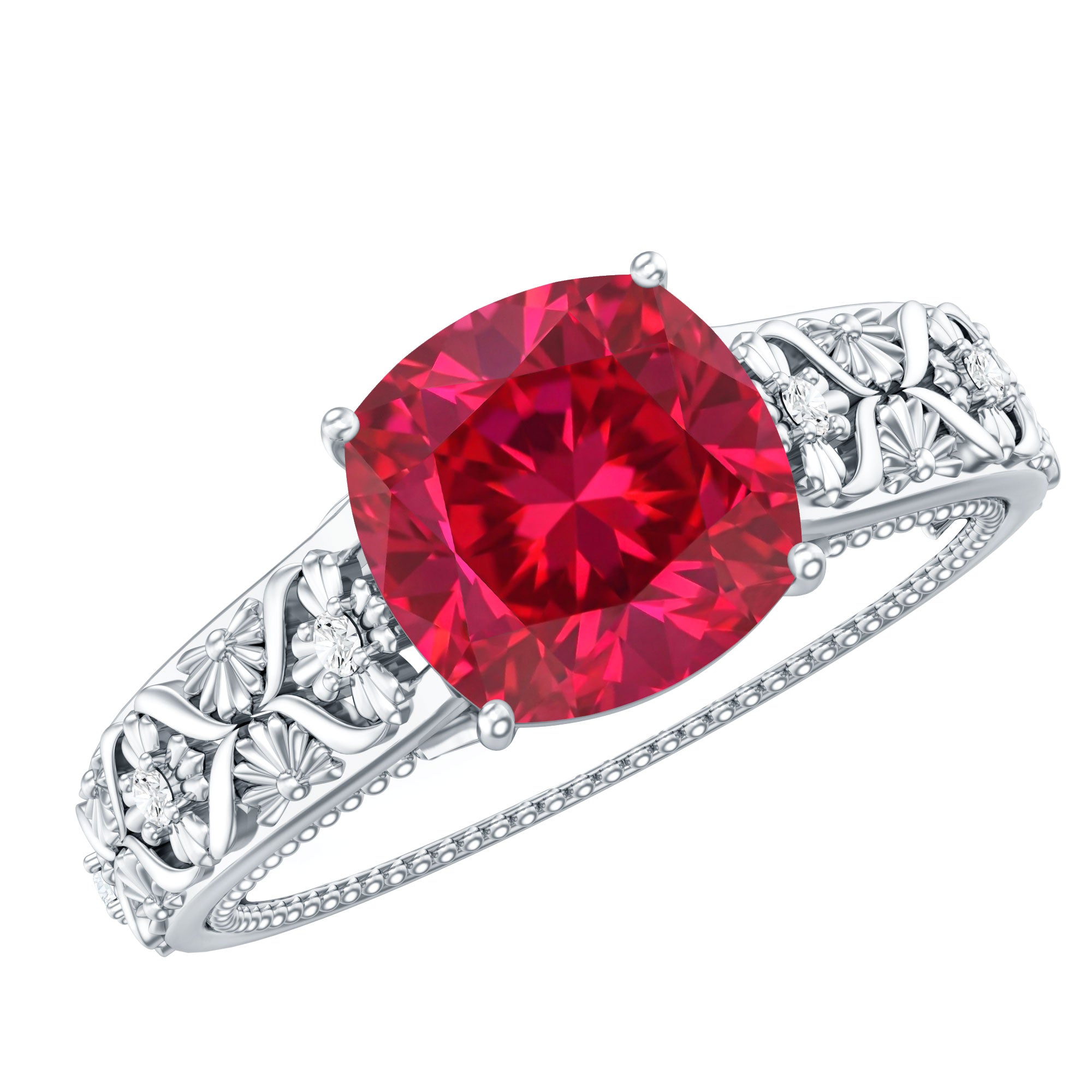Vintage Inspired 2 Carat Cushion Cut Lab Created Ruby Engagement Ring AAAA - Rosec Jewels